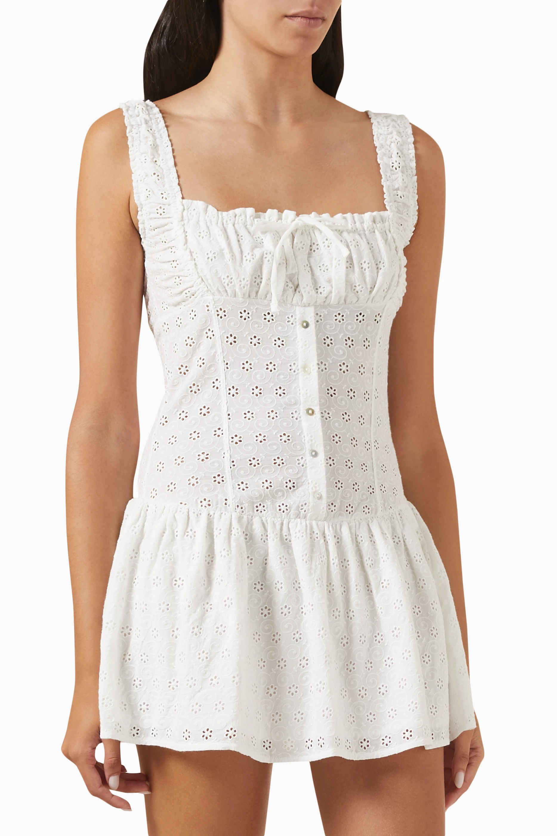 Buy Frankies Bikinis White Christa Eyelet Mini Dress in Cotton Poplin For Women Online Ounass UAE