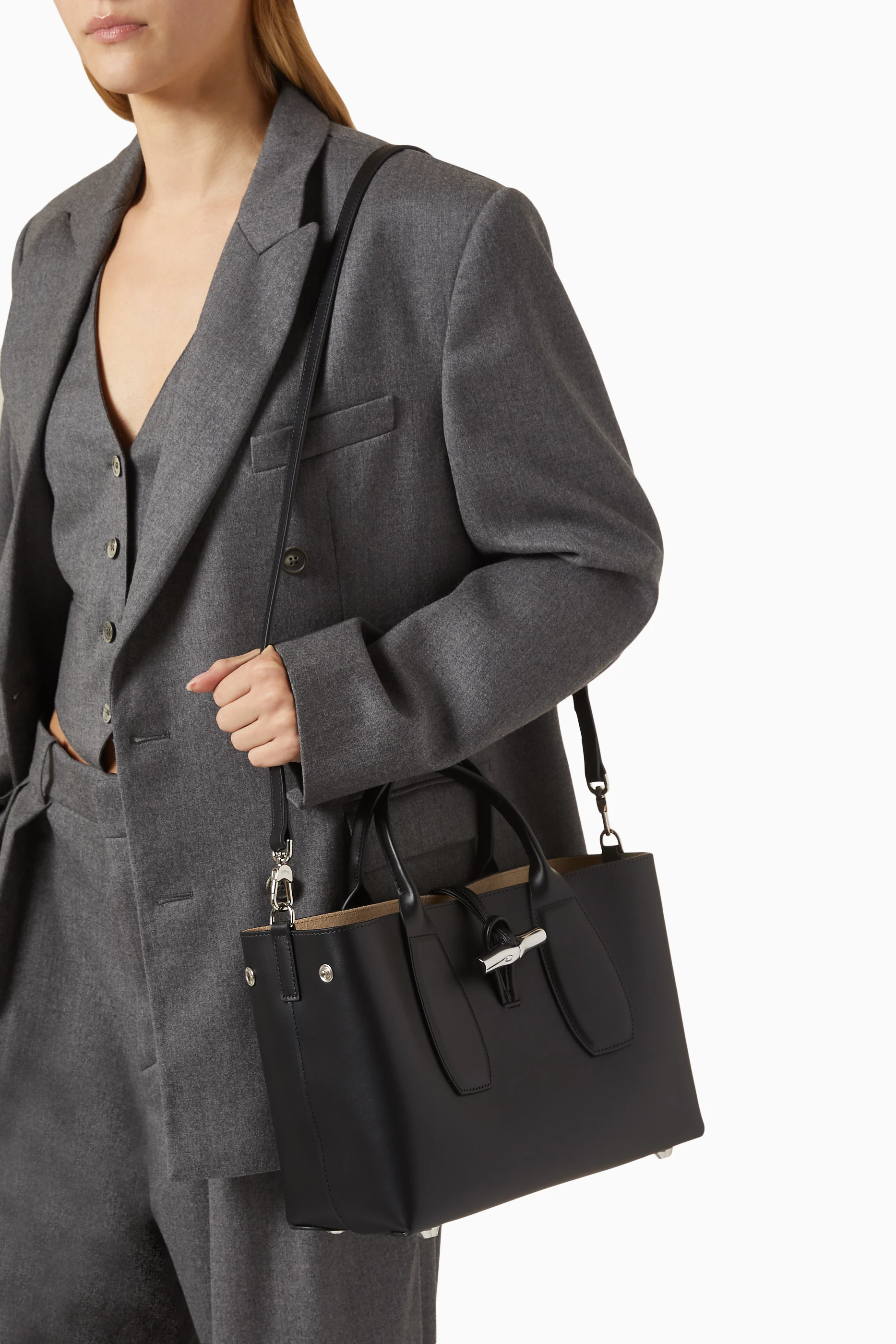 Buy Longchamp Black Medium Le Roseau Box Top handle Bag in Leather For Women Online Ounass UAE