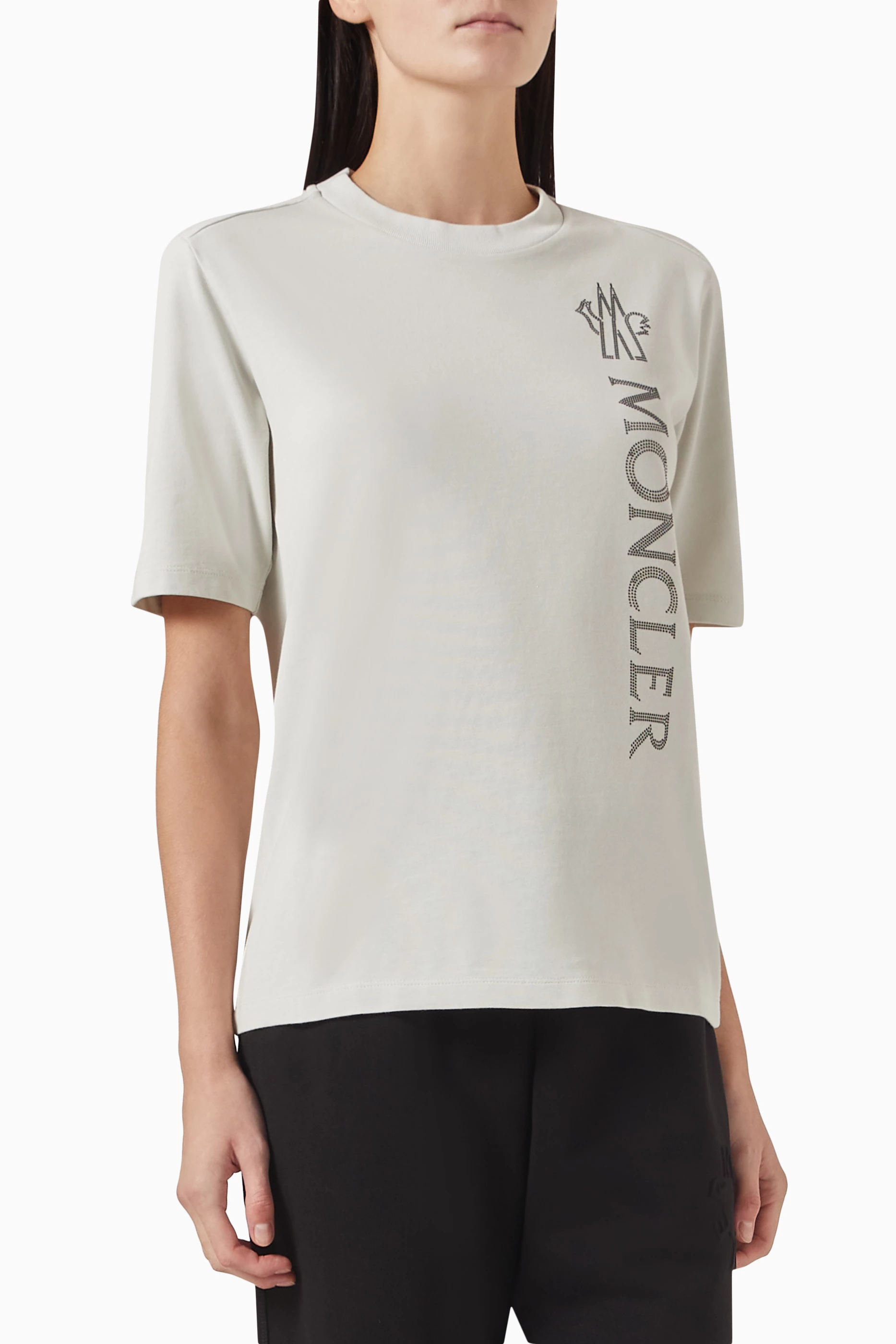 Buy Moncler White Rhinestone embellished T shirt in Cotton For Women Online Ounass UAE
