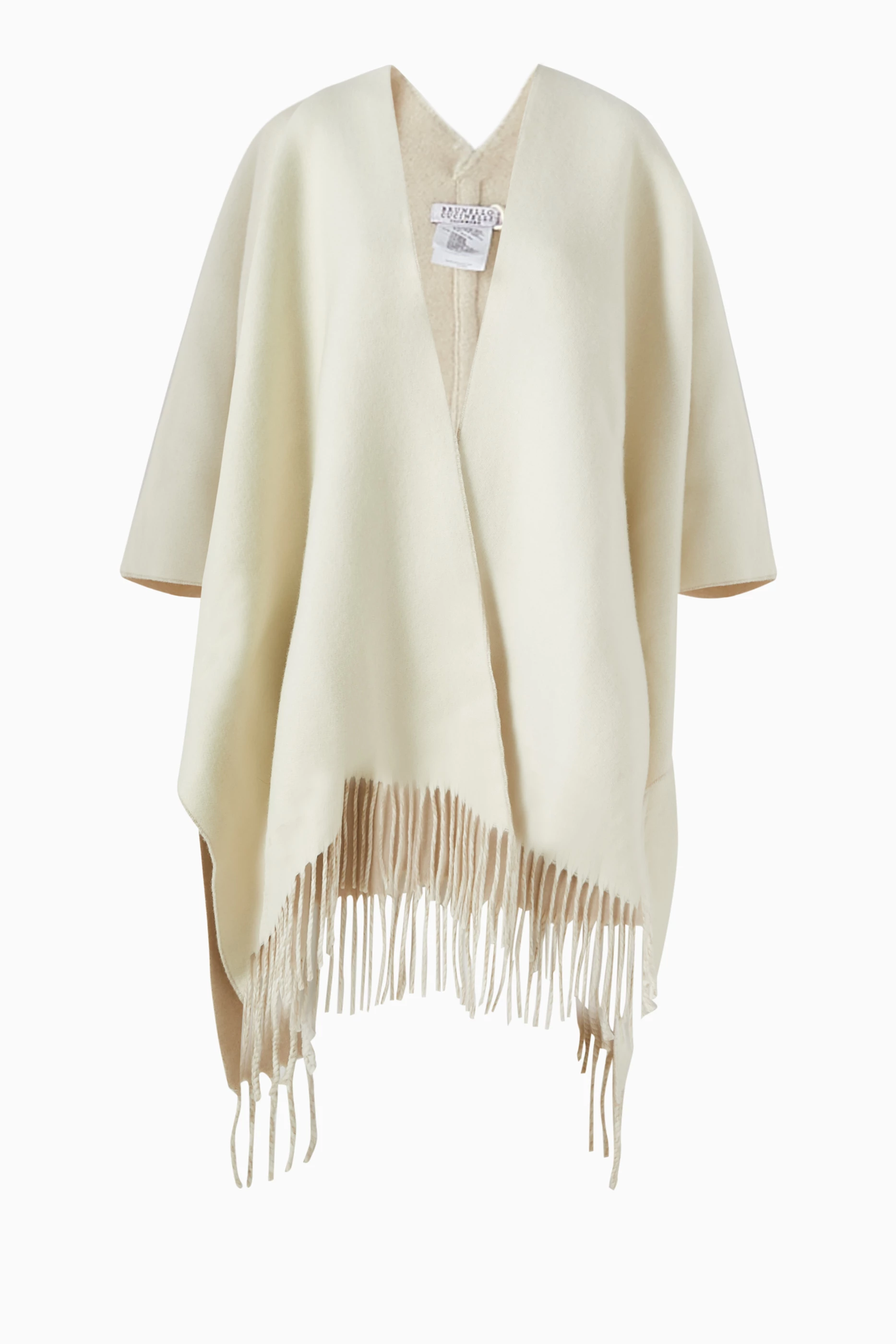Buy Brunello Cucinelli Neutral Fringe Knit Poncho in Wool