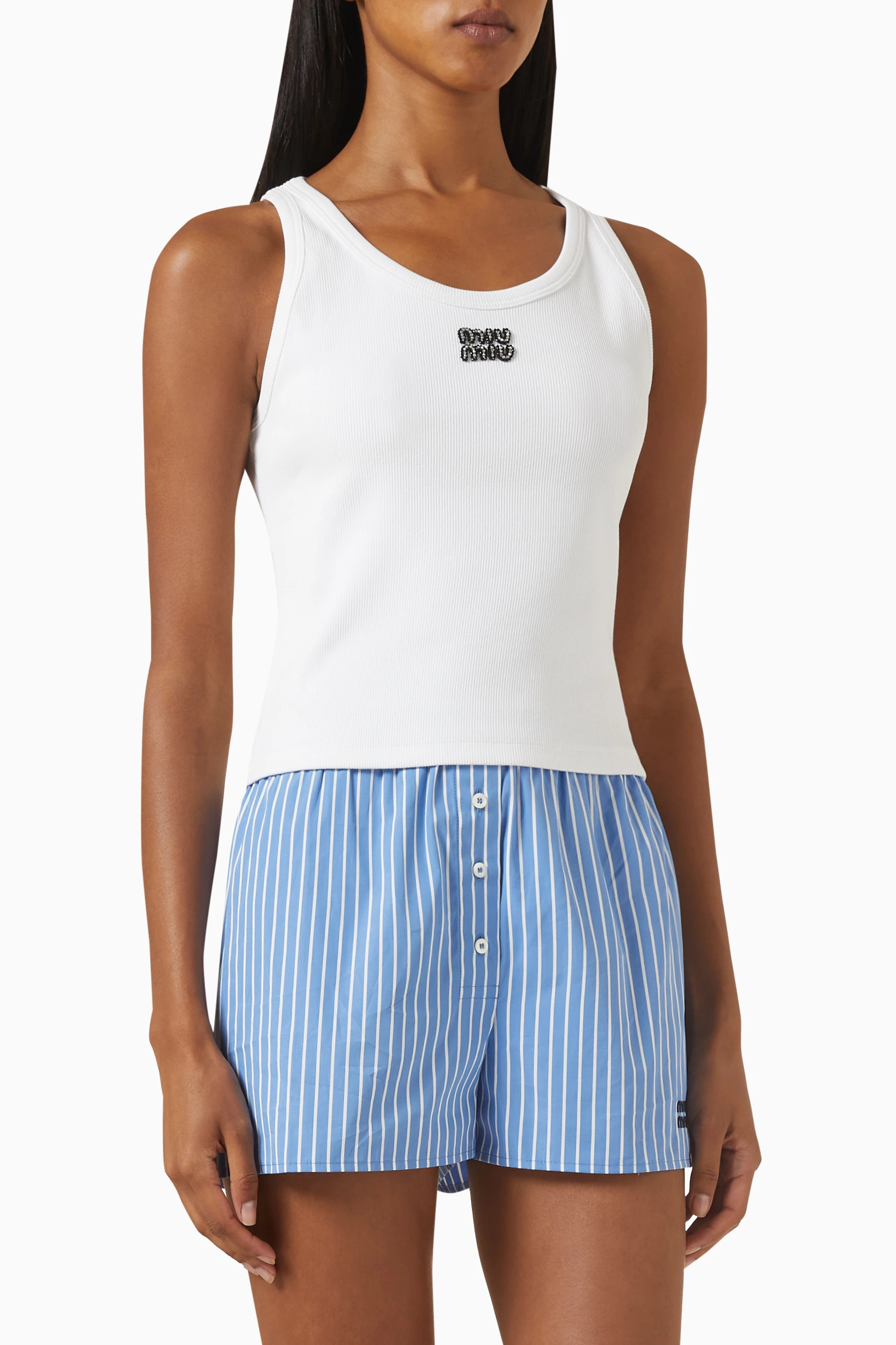 Buy Miu Miu White Embellished Logo Tank Top in Ribbed-jersey For