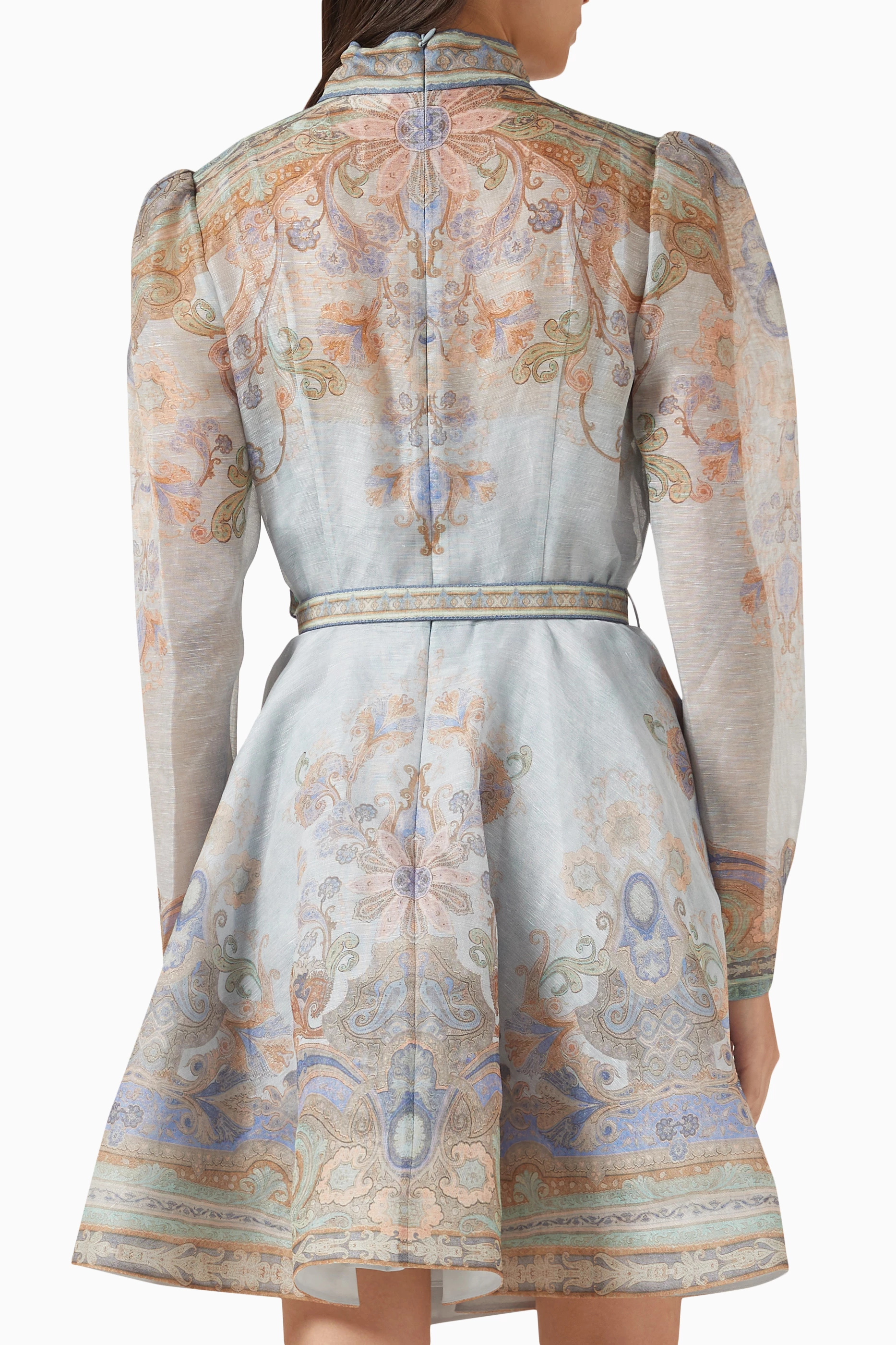 【Zimmermann】EDEN BELTED MINI DRESS ハイネック ベルトミニ Blue Paisley Eden Belted Mini Dress | Zimmermann