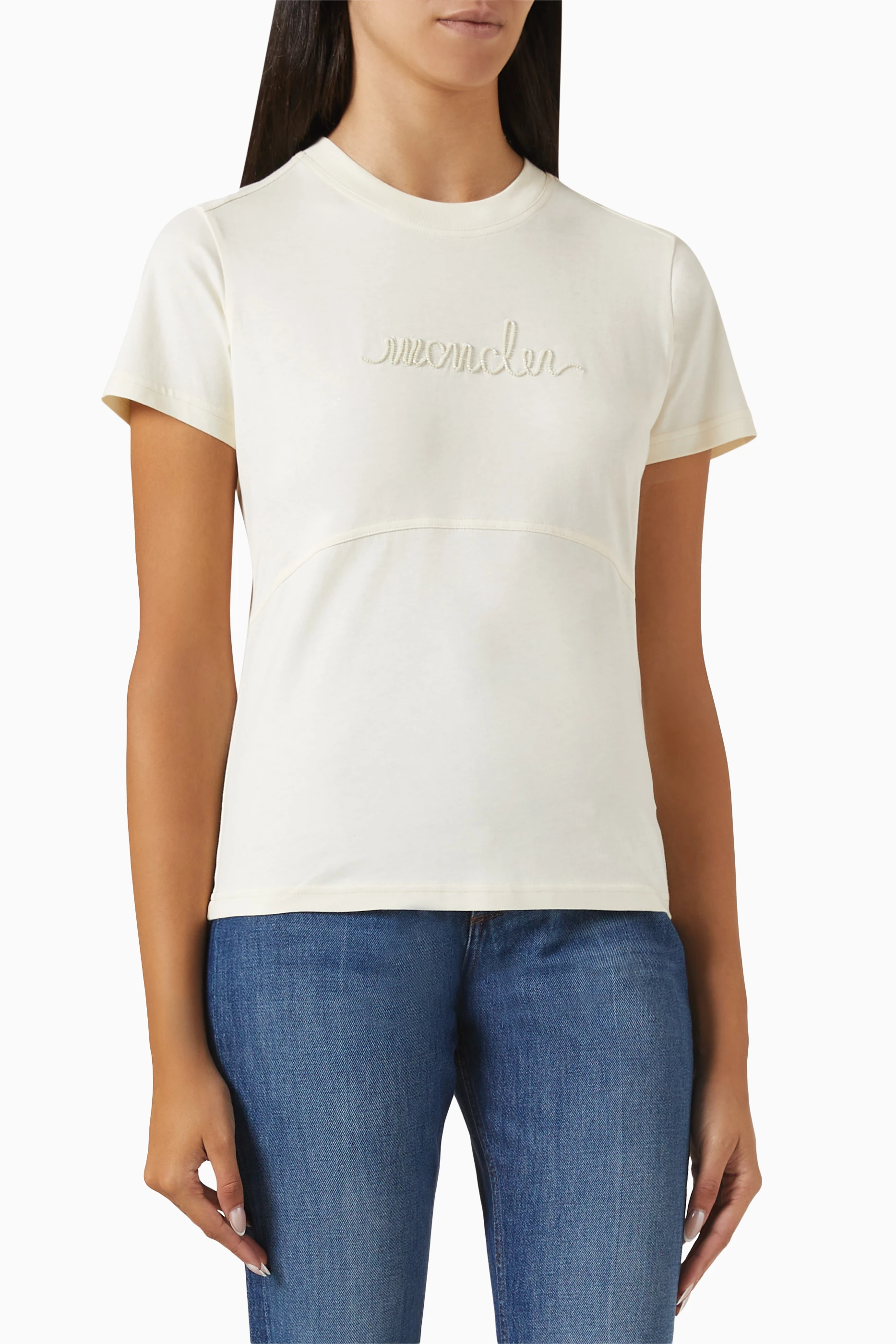Buy Moncler White Logo embroidered T shirt in Cotton jersey For Women Online Ounass UAE
