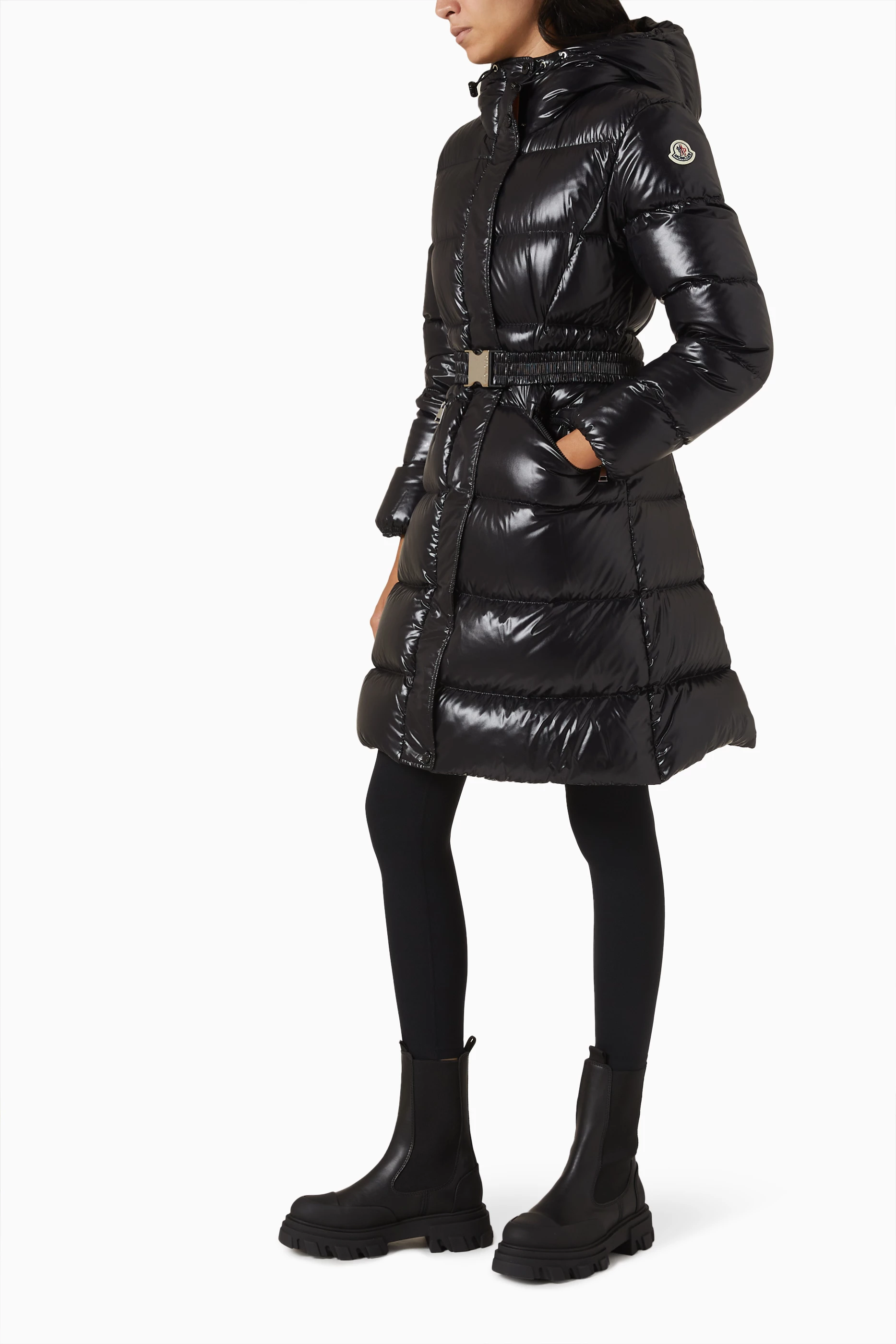 Buy Moncler Black Bellevue Long Coat in Nylon Laque For Women Online Ounass UAE