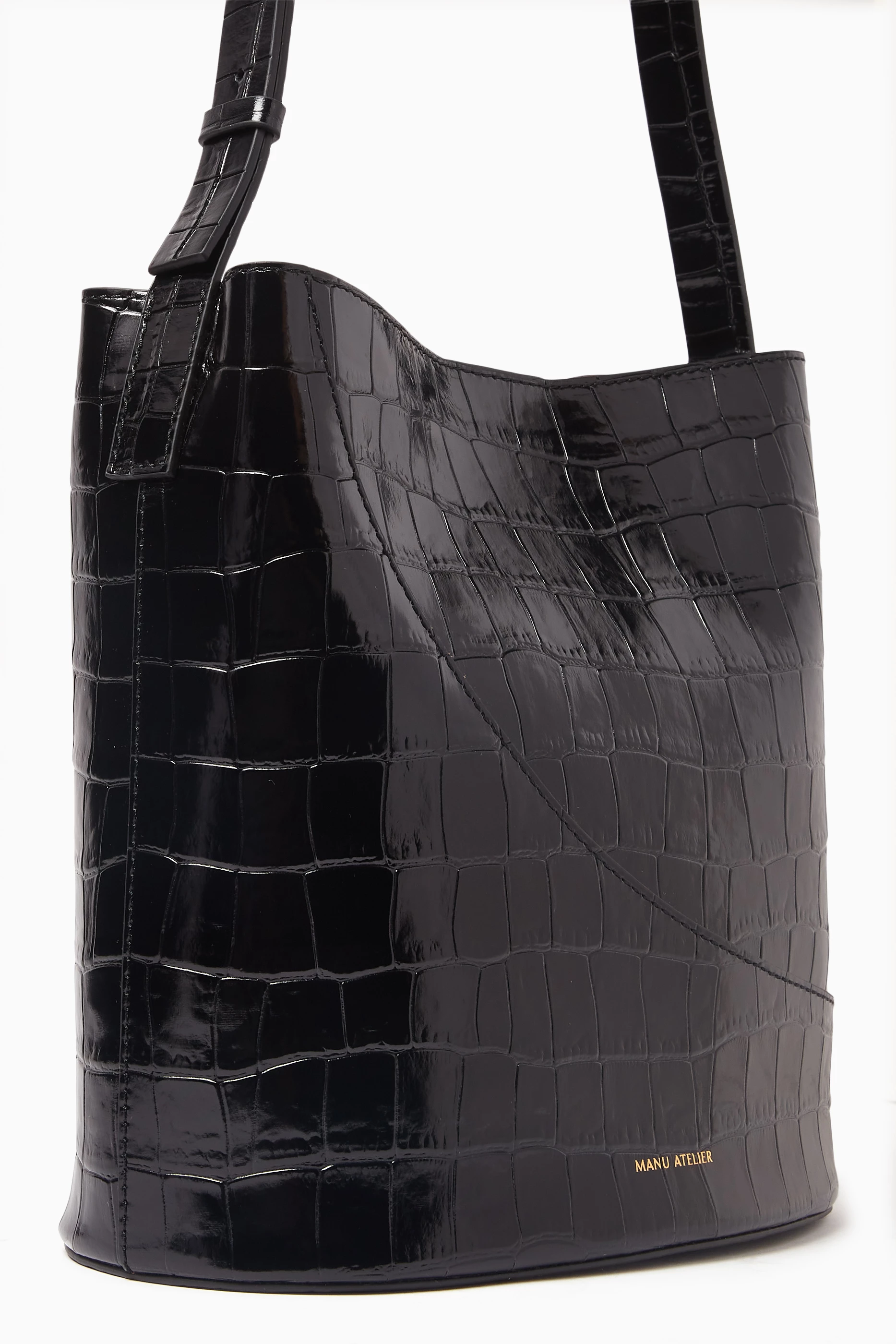 Buy Manu Atelier Black Nova Bucket Bag in Croc-embossed Calf