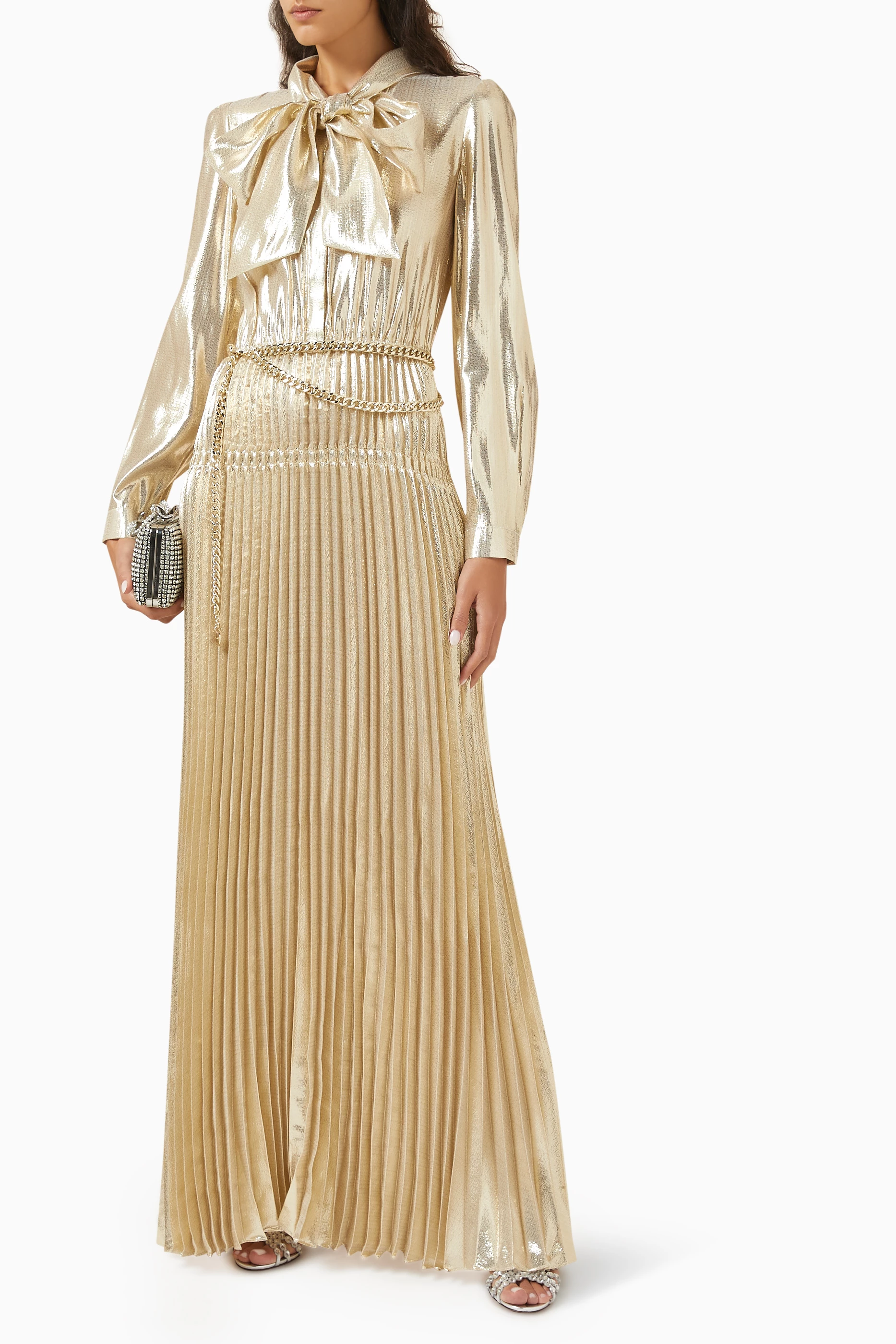 Buy Self-Portrait Gold Pussy Bow Maxi Dress For Women Online