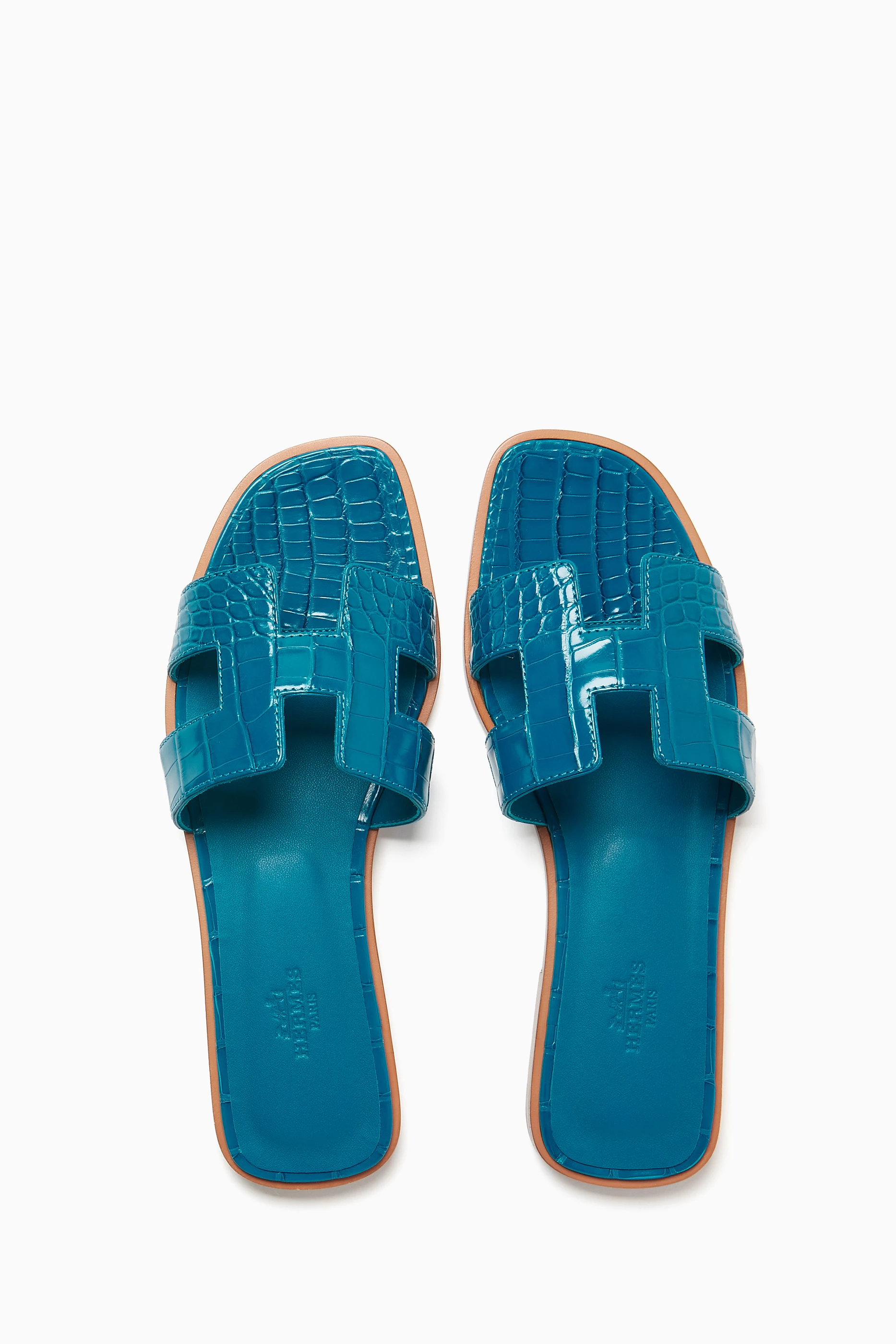 Buy Hermès Pre-Loved Blue Unused Oran Sandals in Alligator Leather