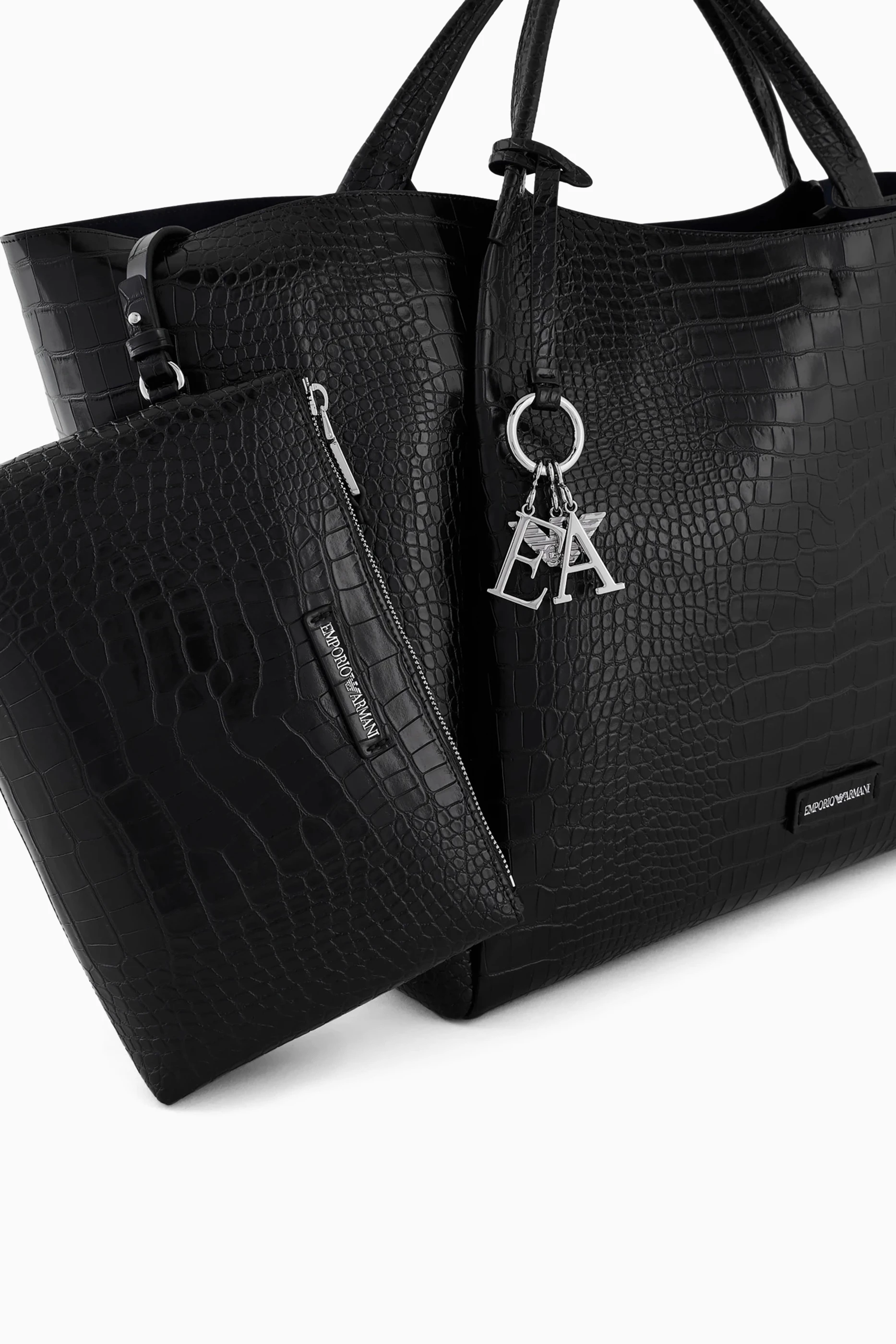 Buy Emporio Armani Black Shopping Tote Bag in Croc-embossed