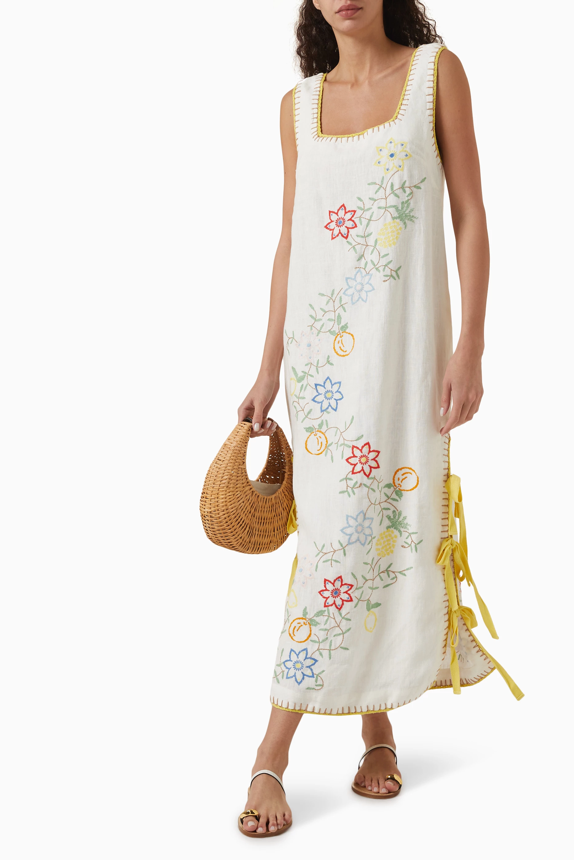 Cotton Dress Embroidered White Maxi Dress GREEK ARCHAIC KORI MAXI DRESS-LEFKADA  STRAPS-OPEN BACK