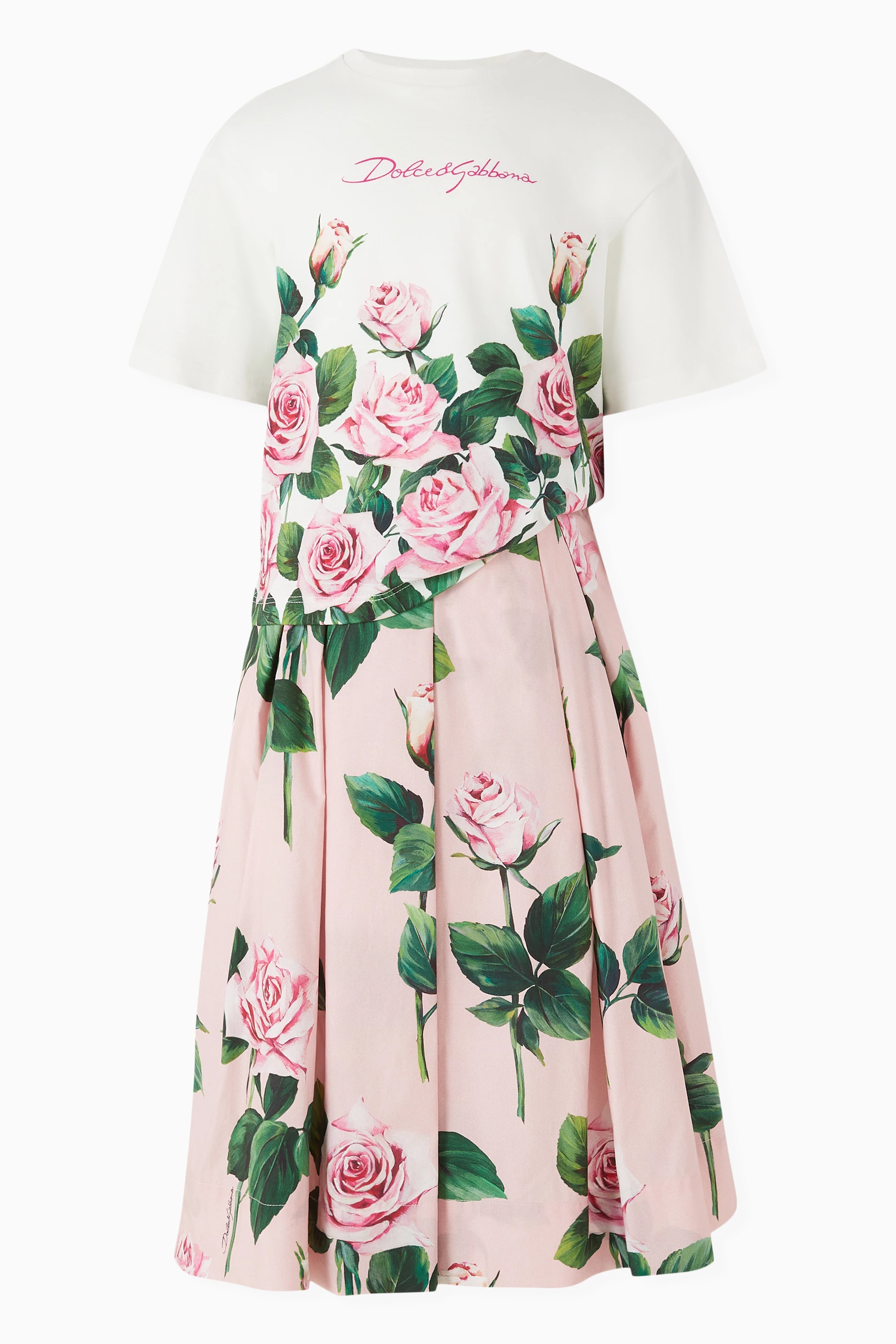 Buy Dolce Gabbana Pink Rose-print Midi Skirt in Cotton-poplin