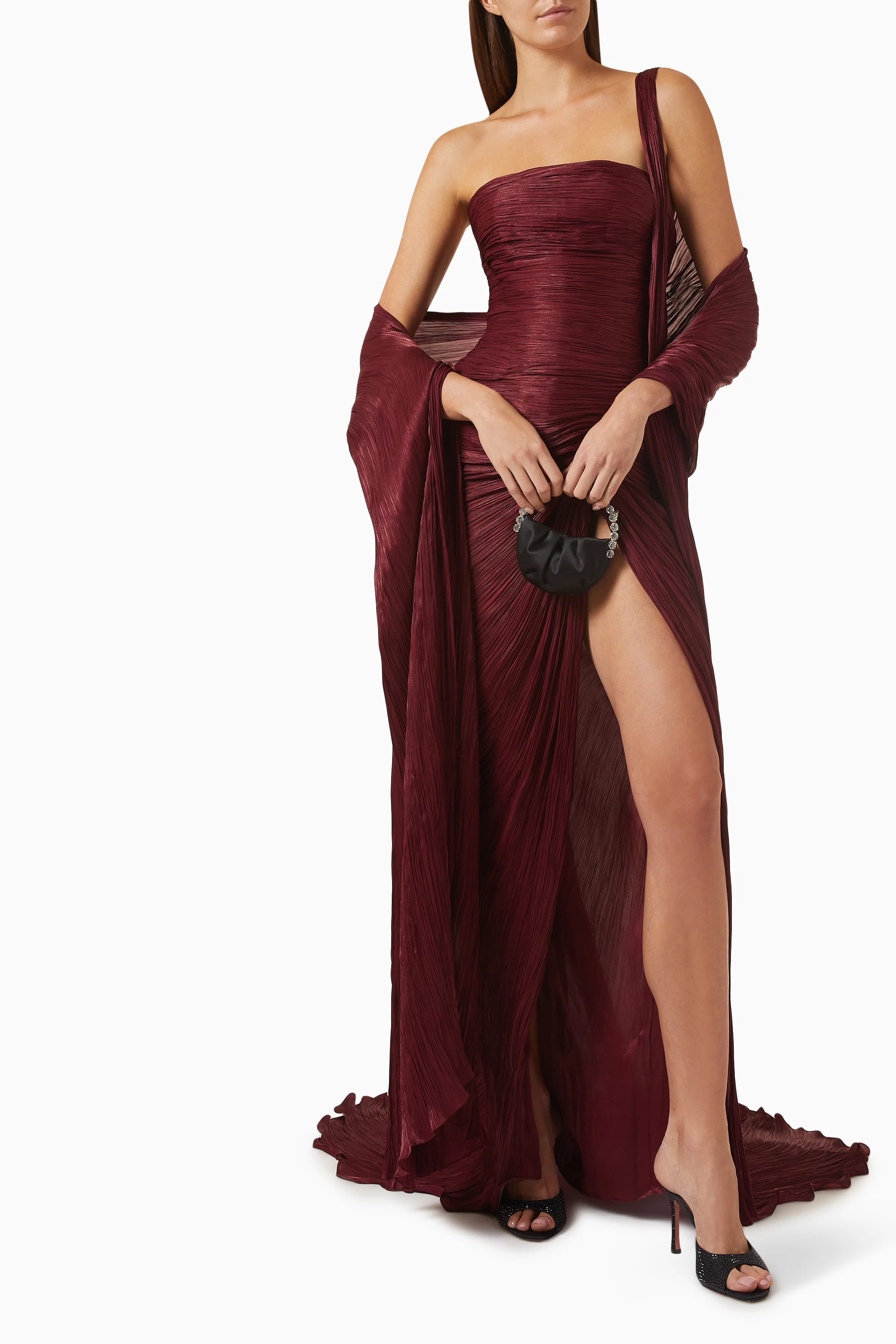 Buy Marmar Halim Red Strapless Plisse Gown in Silk Satin For Women Online Ounass UAE
