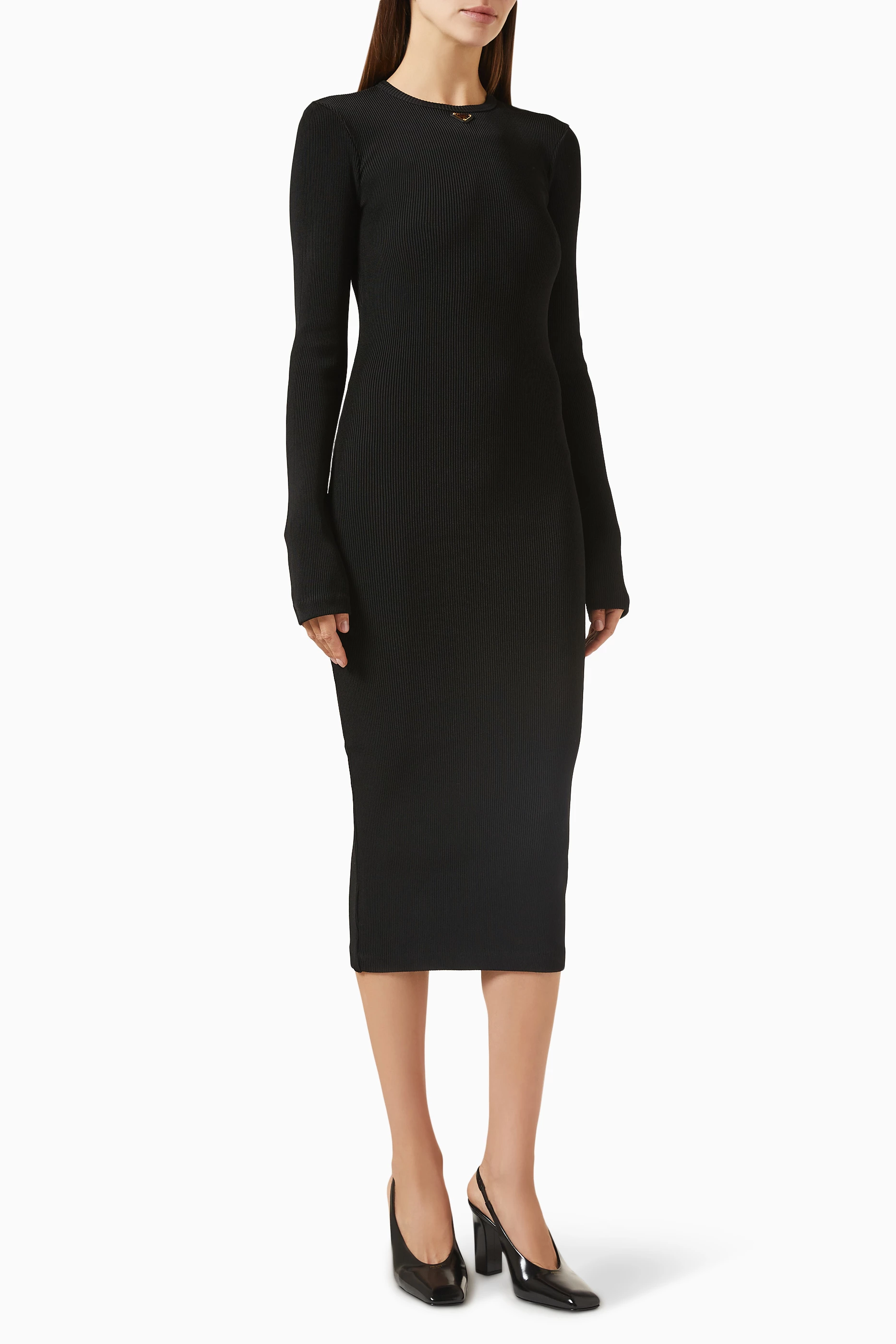 Buy Prada Black Rib-knit Midi Dress in Jersey For Women Online