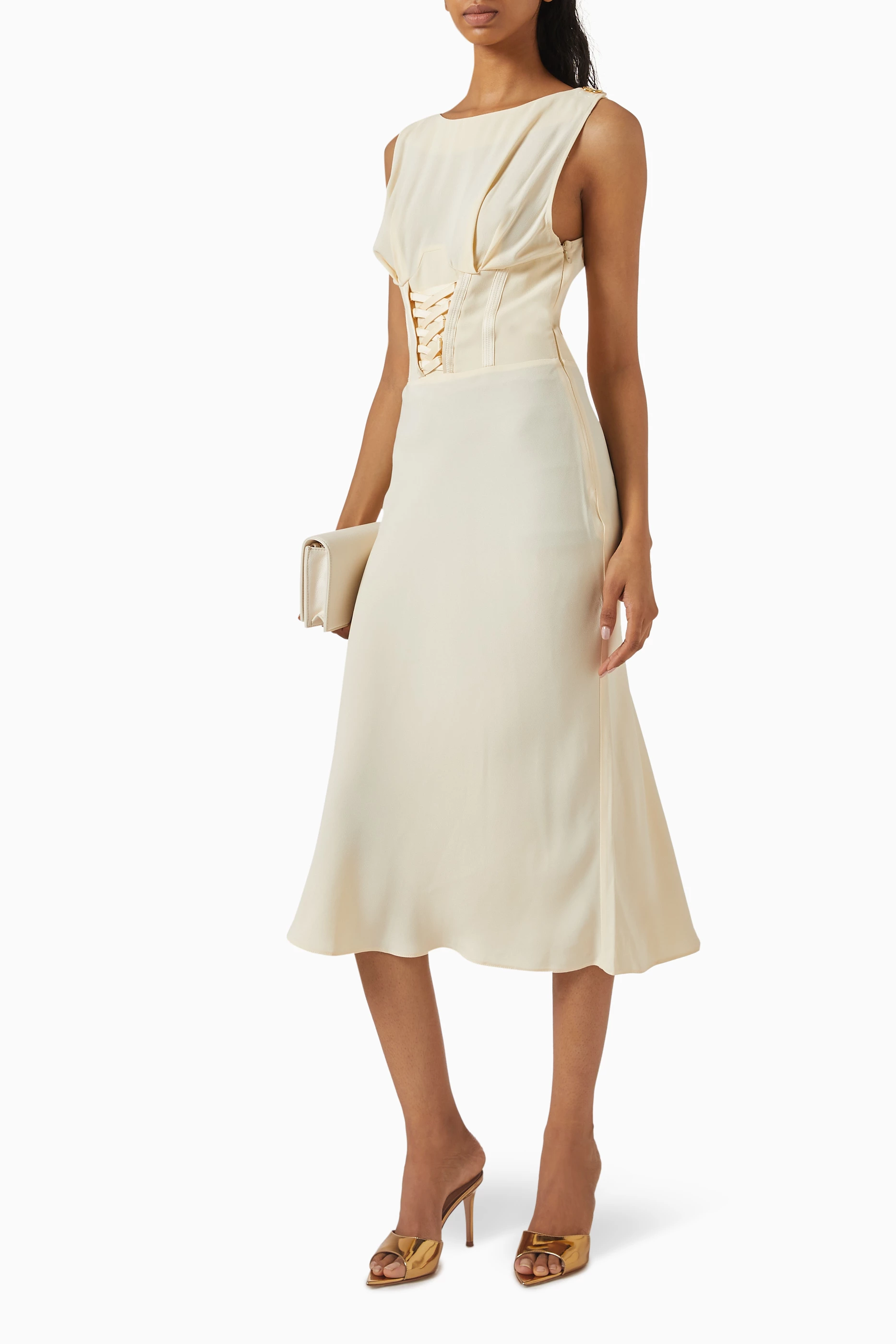 Buy Elisabetta Franchi Yellow Crossover Laces Midi Dress in