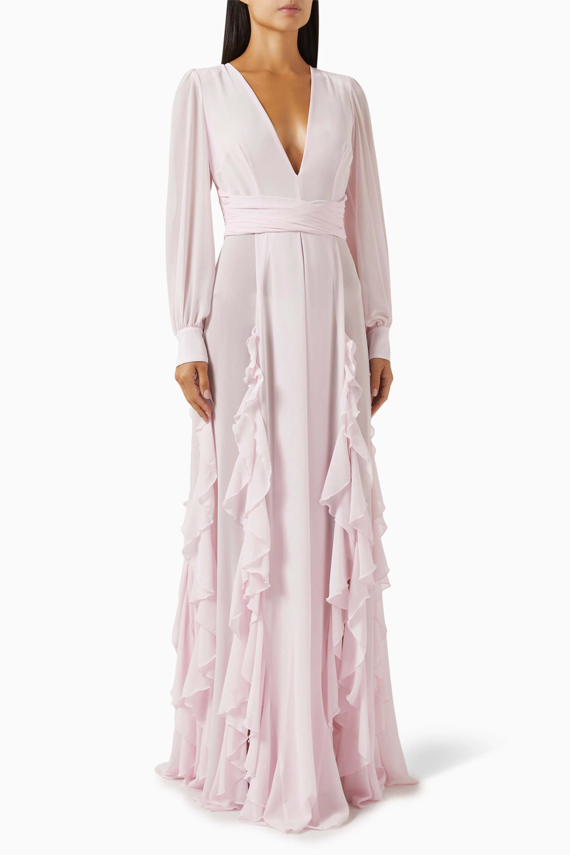 在庫限り◆Elisabetta Franchi Ruffled Maxi Dress in ette Buy Elisabetta Franchi Pink Ruffled Maxi Dress in Georgette