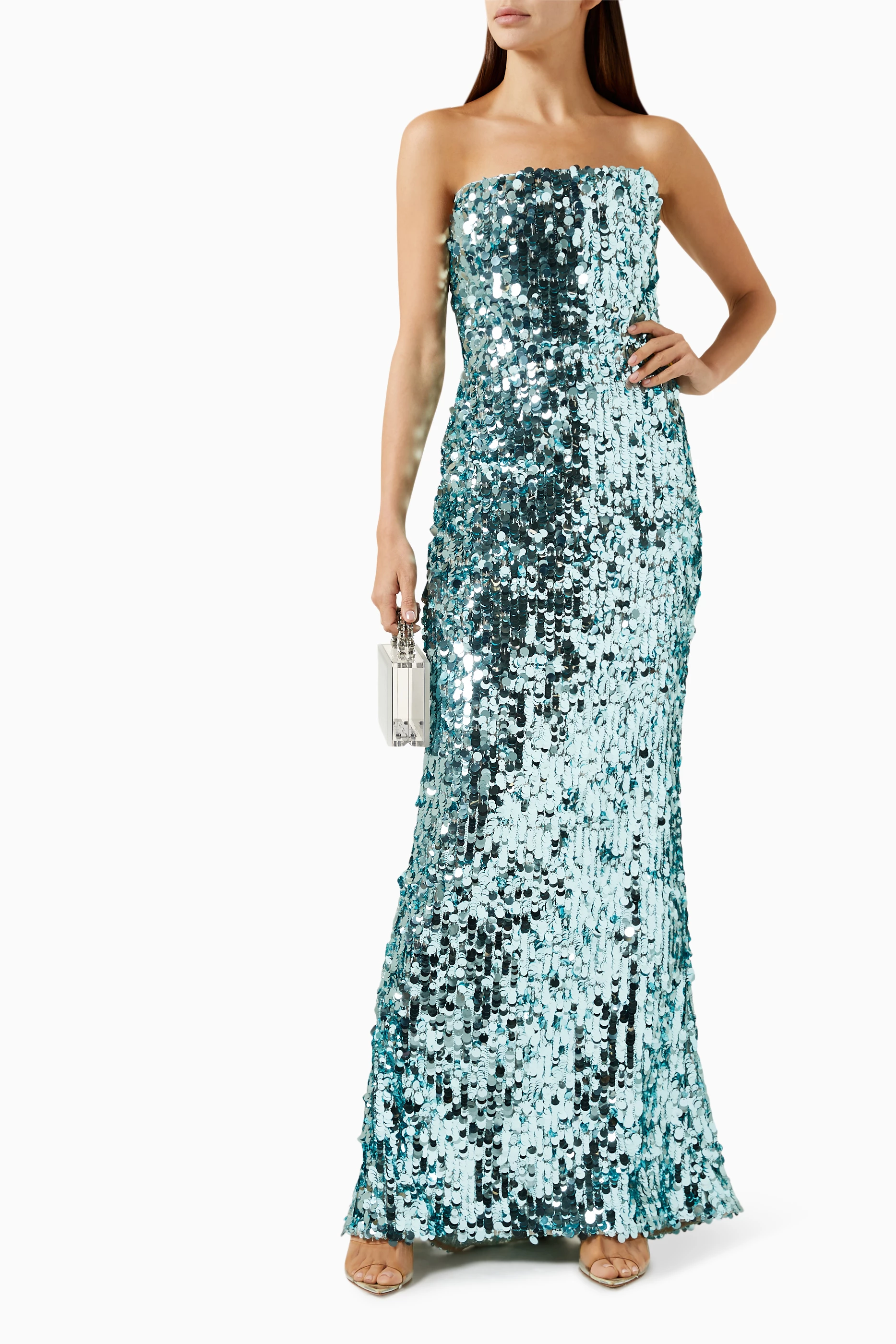 bronx and banco blue sequin dress Allegra Deep V-Neck Sequin Column Gown