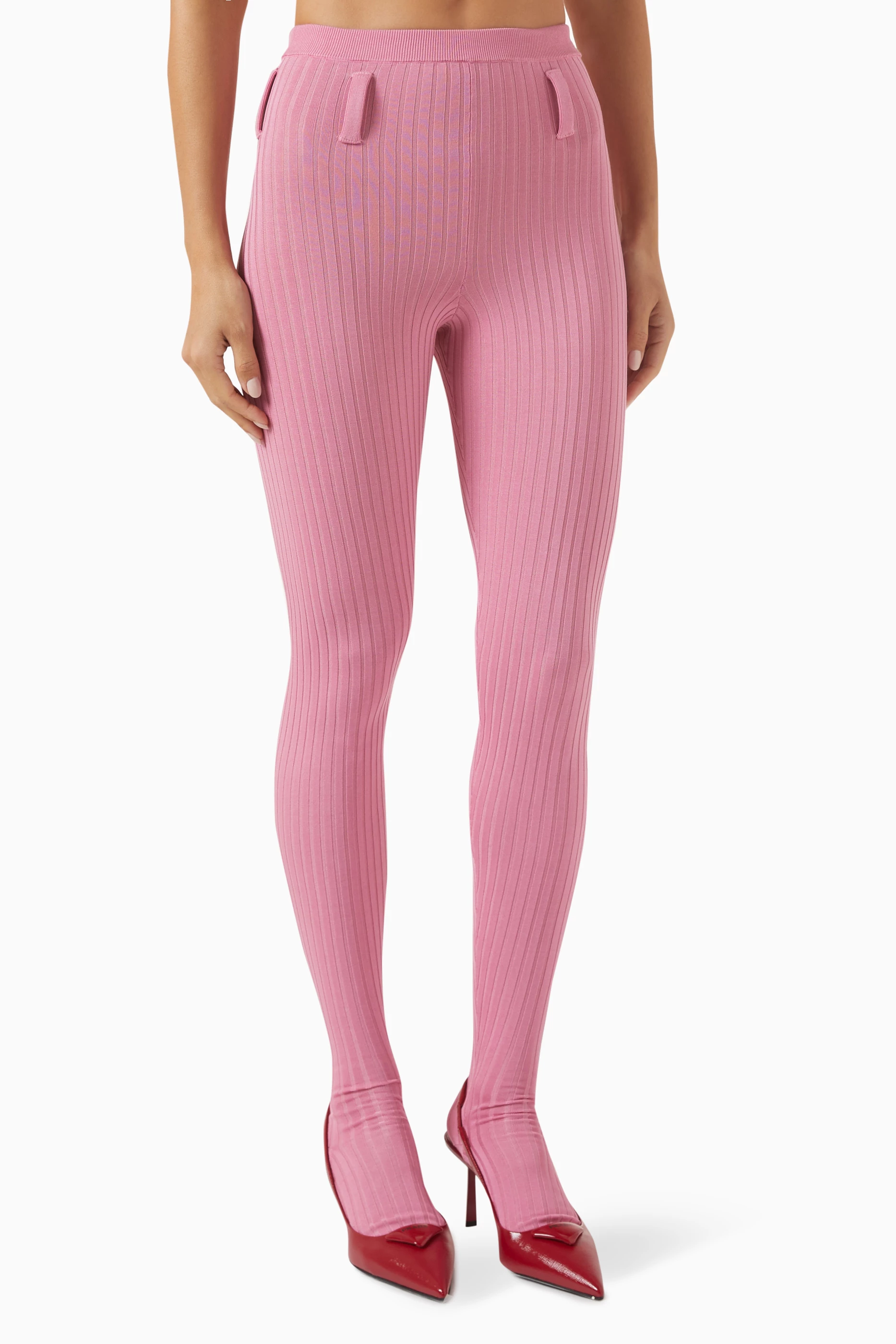 パンツ [PRADA] RIBBED KNIT LEGGINGS Buy Prada Pink Rib-knit Tights in Cotton For Women Online