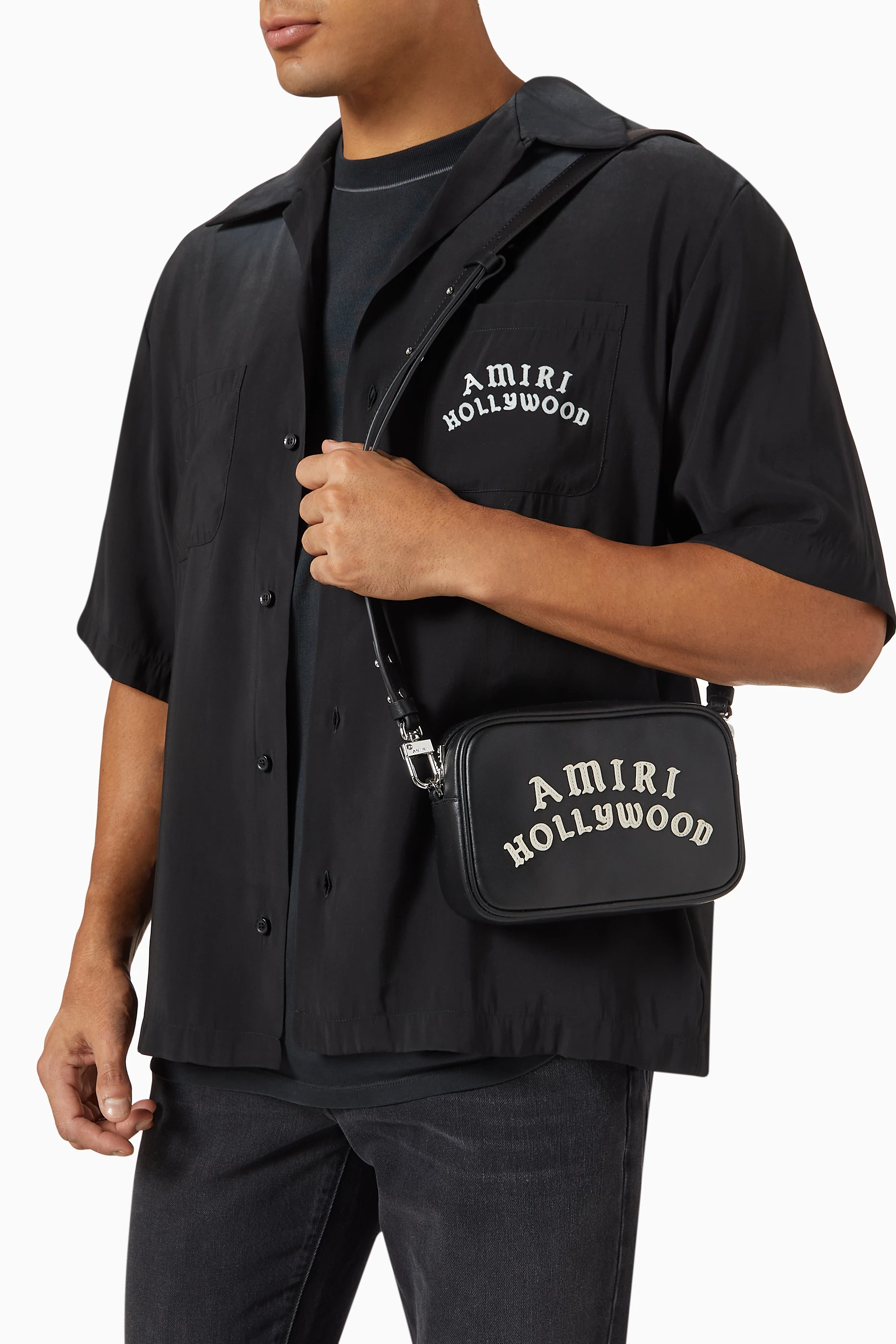 Buy Amiri Black Hollywood Logo Camera Bag in Leather For Men