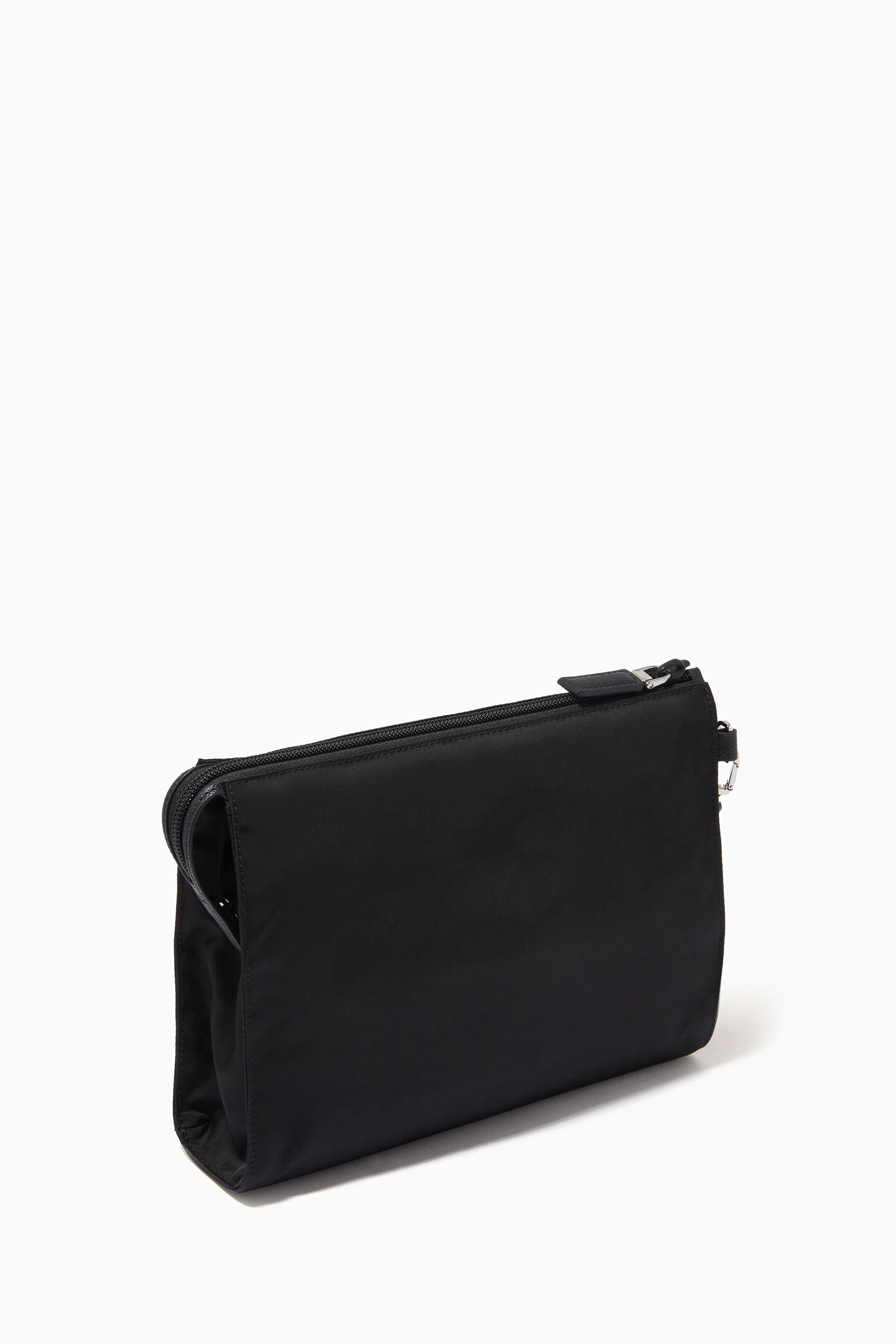 Buy Prada Black Triangle Logo Pouch in Re-Nylon & Saffiano Leather