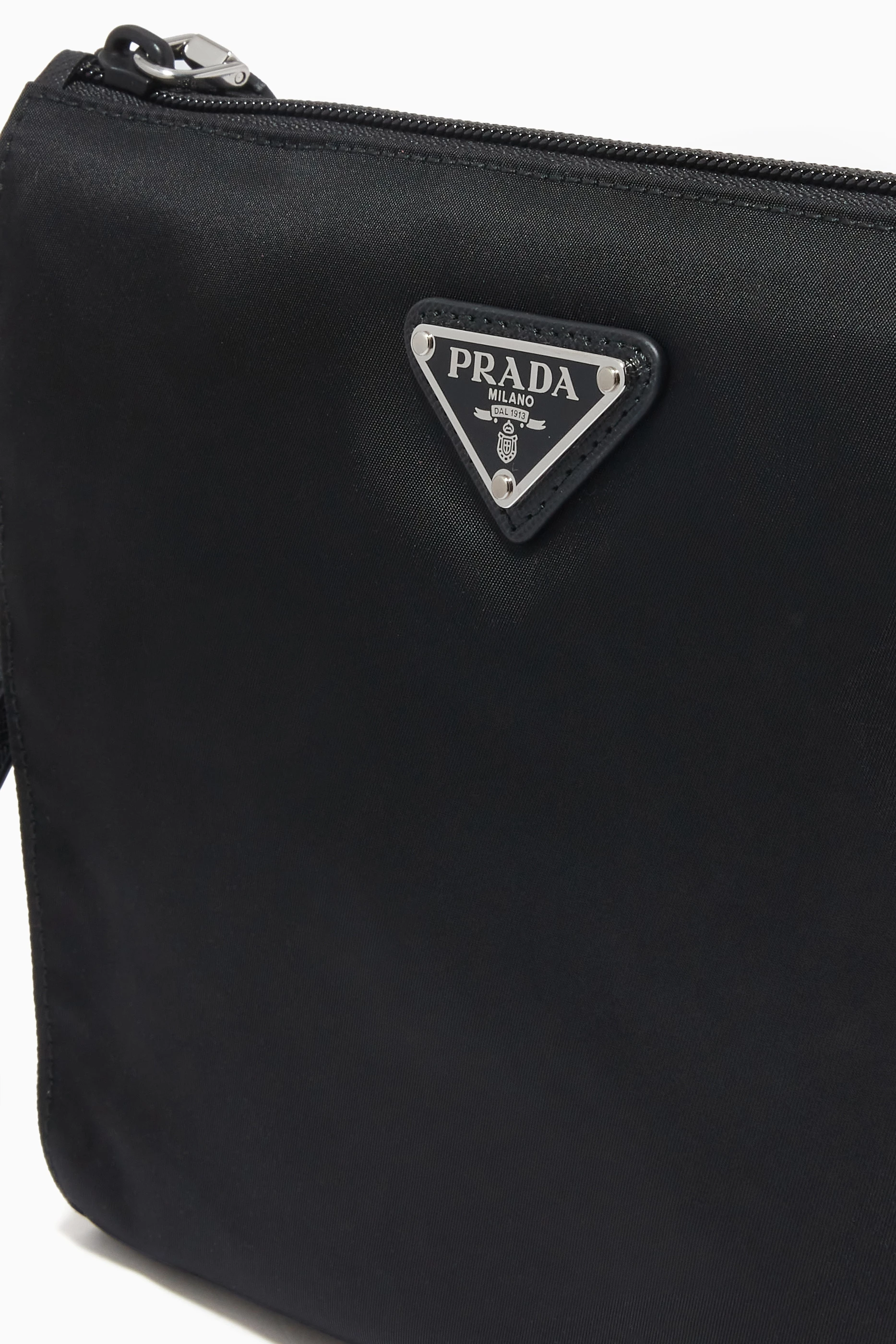 Buy Prada Black Triangle Logo Pouch in Re-Nylon & Saffiano Leather