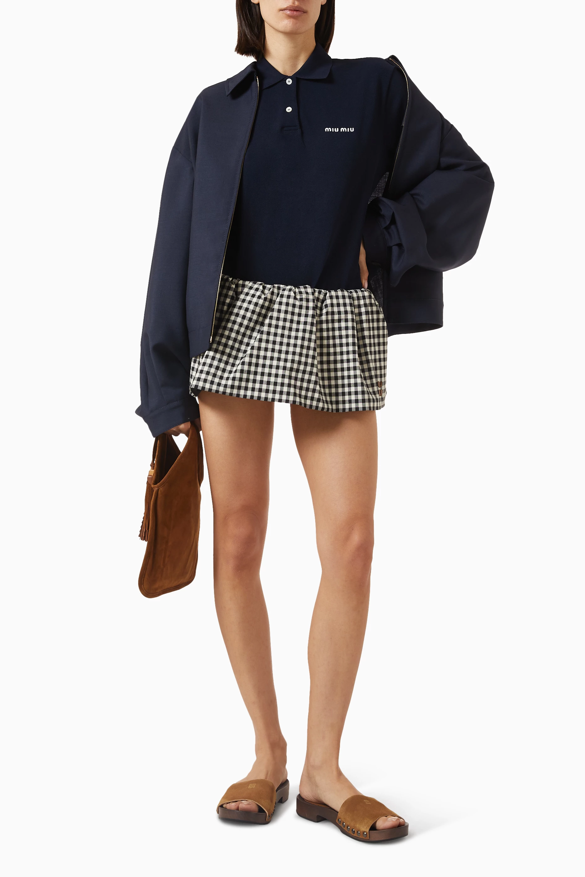 Buy Miu Miu White Gingham Check Mini Skirt in Cotton For Women 