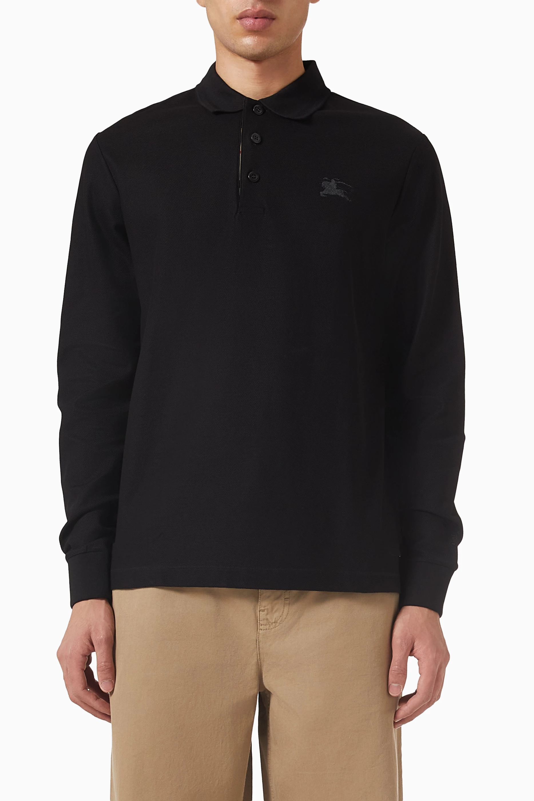 Buy Burberry Black Long-sleeve Polo Shirt in Cotton For Men Online 
