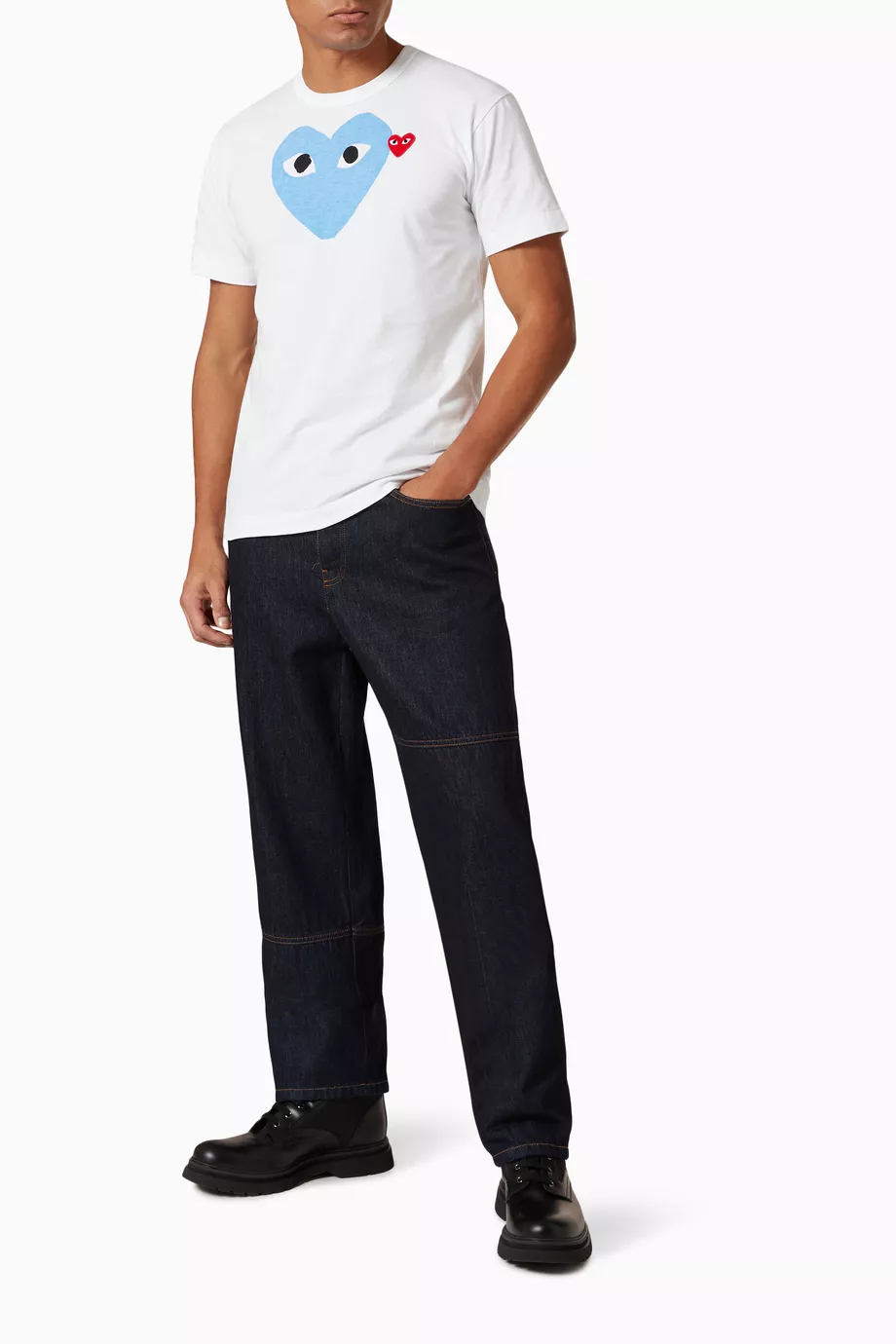 Buy Comme des Gar ons PLAY Blue Heart Logo Cotton T shirt for Men