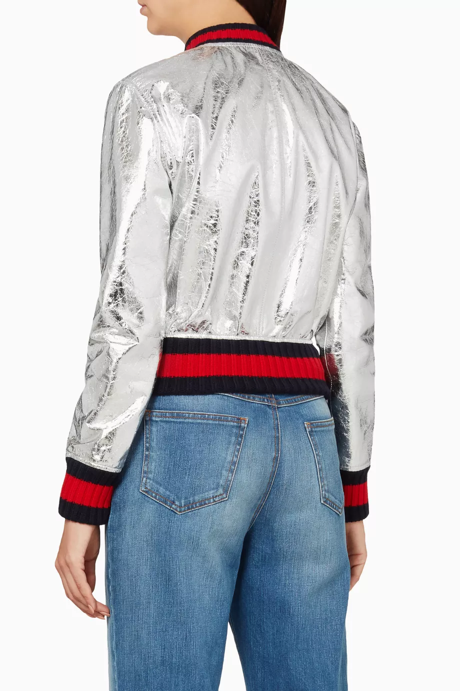 Buy Gucci Silver Silver Metallic Crackled Leather Bomber Jacket for