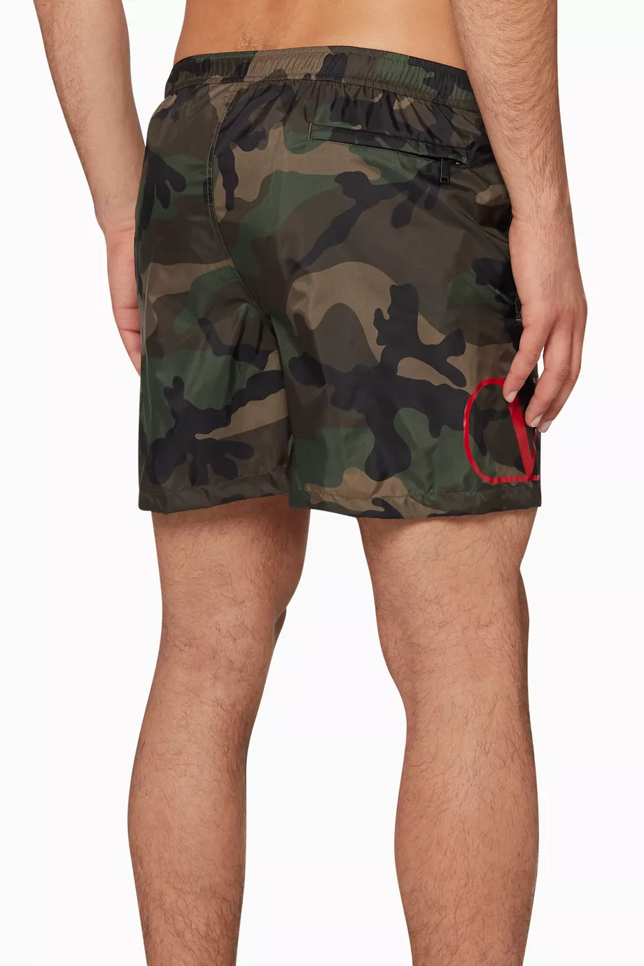 Buy Valentino Garavani Green Logo Camouflage Swim Shorts for Men