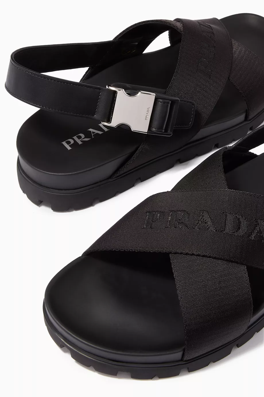 Buy Prada Black Crisscross Sandals in Brushed Leather Nylon for