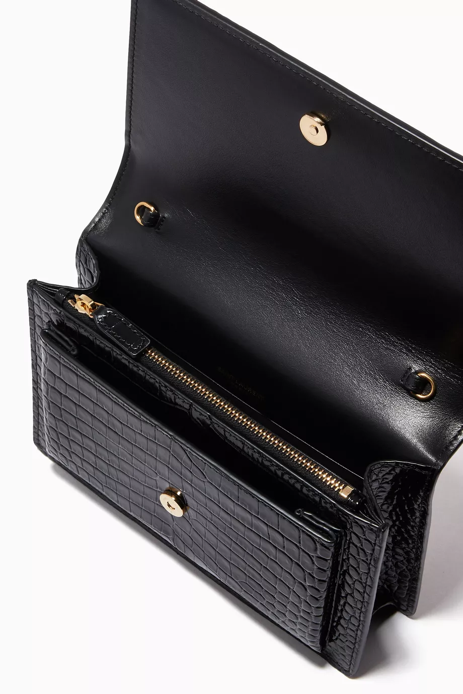 Buy SAINT LAURENT Black Sunset Chain Wallet in Crocodile Embossed