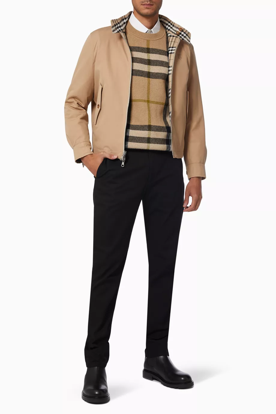 Buy Burberry Neutral Reversible Harrington Jacket in Check Wool