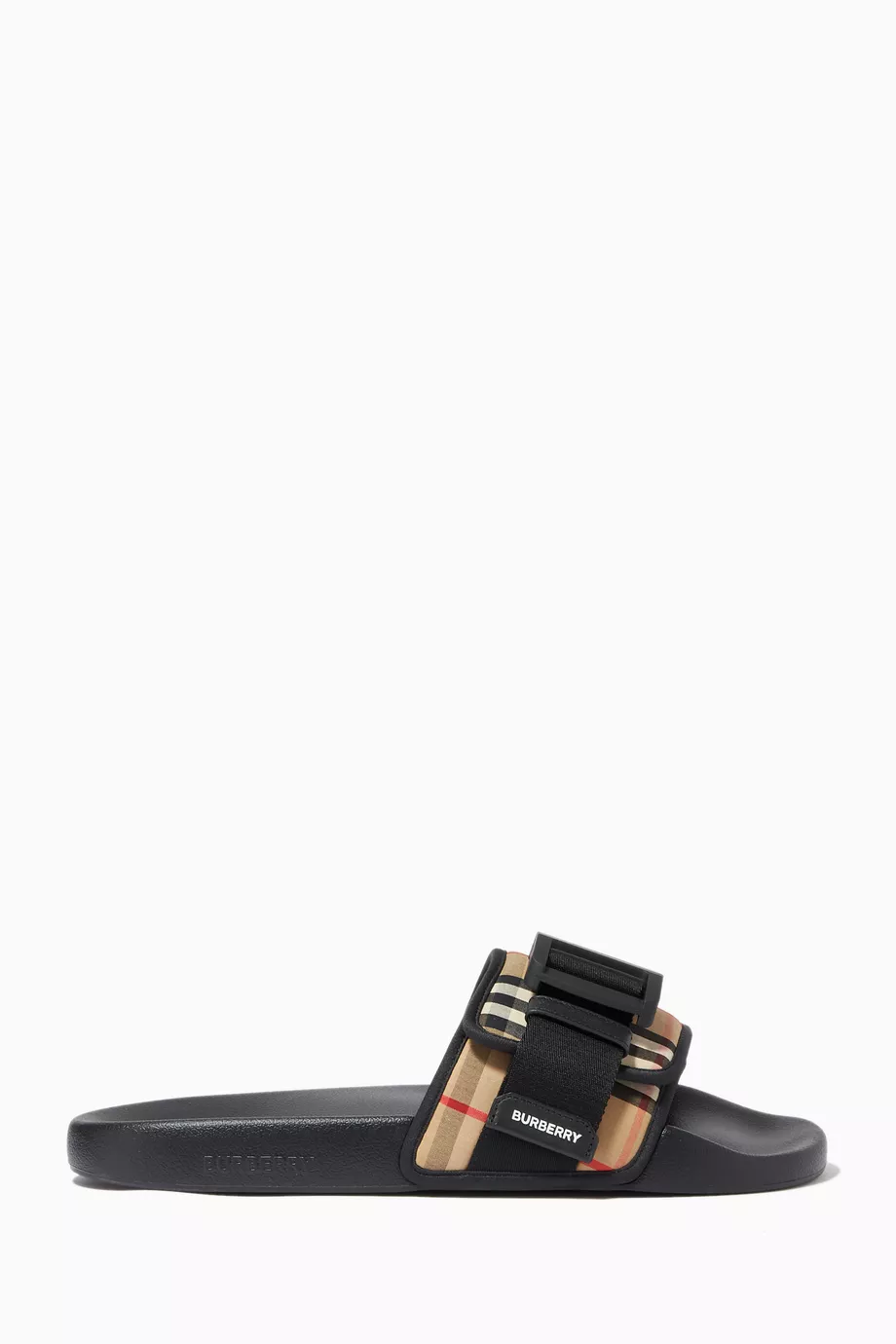 Buy Burberry Black Buckled Strap Slides in Vintage Check Cotton