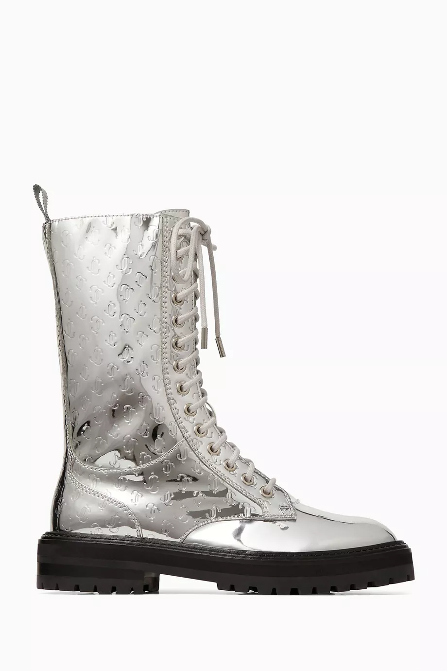 Buy Jimmy Choo Silver Cora Flat Tall Combat Boots in JC Mirror