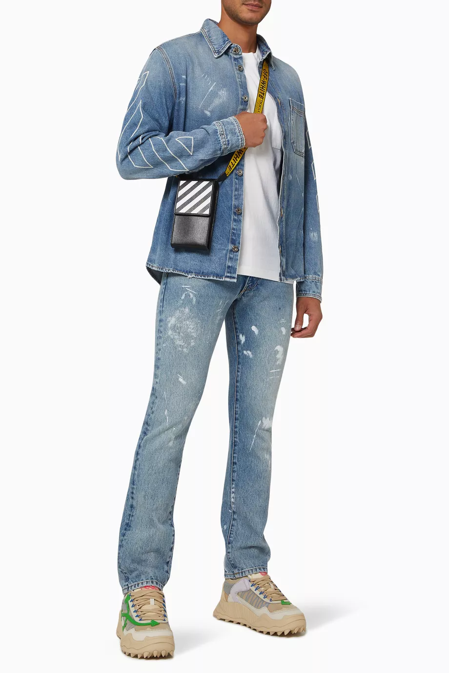 Buy Off White Blue Diag Outline Paint Shirt in Denim for Men in