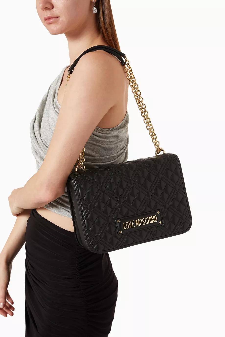 Buy Love Moschino Black Chain Shoulder Bag in Quilted Faux Leather