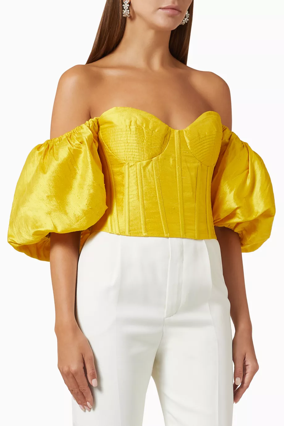 Rozie Corsets Yellow Puff Sleeve Silk Bustier Top