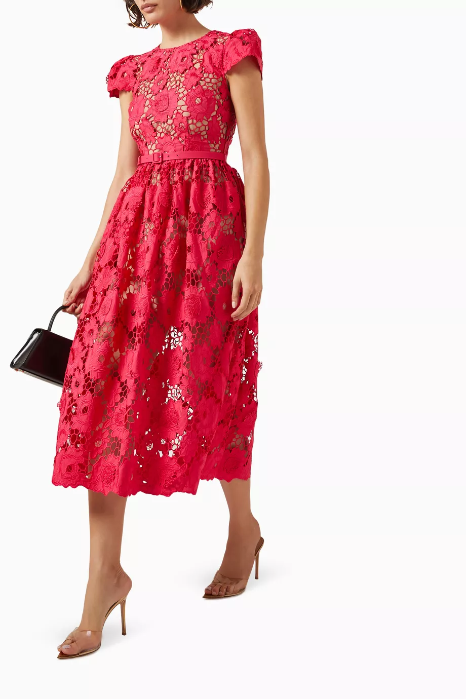 Buy Self Portrait Red Poppy Midi Dress in Lace for Women in UAE
