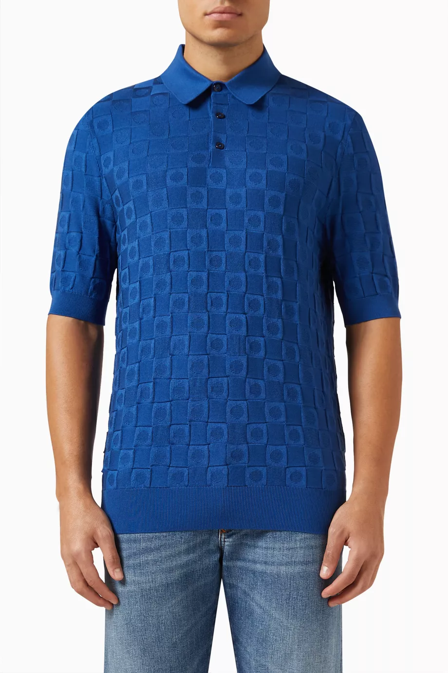 Buy Dolce Gabbana Blue 3D Checked Polo Shirt in Silk jacquard