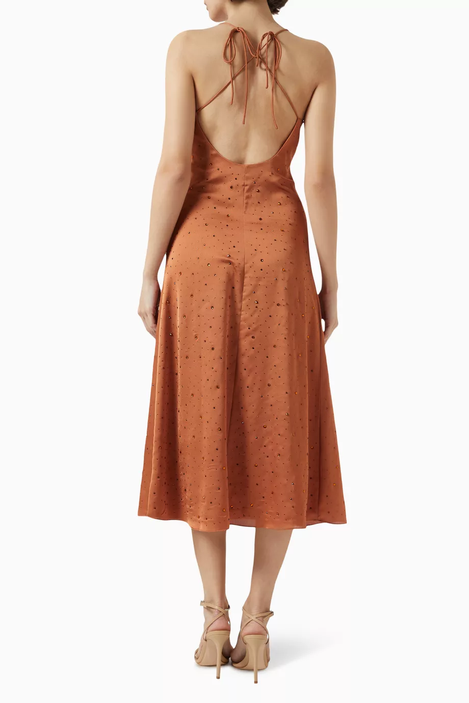 Buy SANDRO Brown Praline Embellished Midi Dress in Crepe satin for