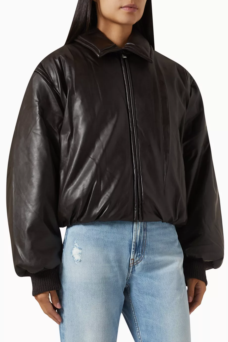 Buy Acne Studios Brown Coated Bomber Jacket in Faux Leather for