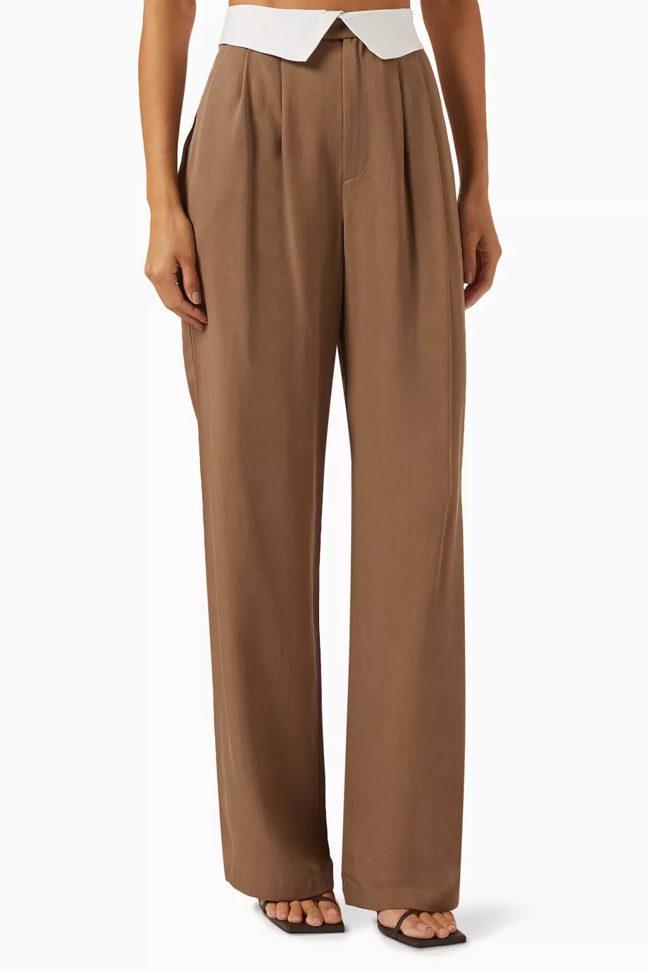 Beige Stevie fold-over waistband wide-leg trousers, Reformation