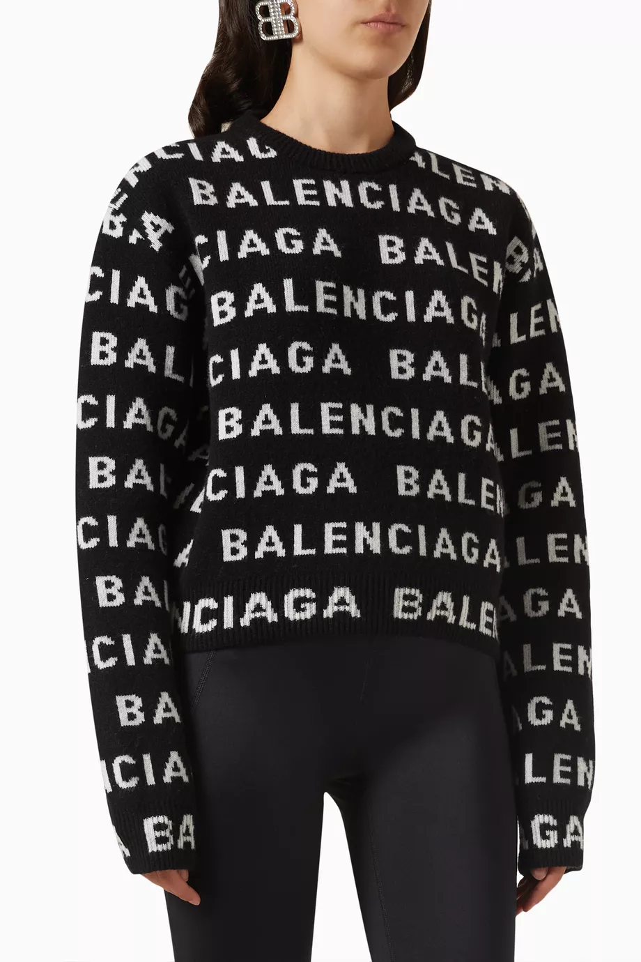Buy Balenciaga Black All over Logo Crop Sweater in Wool knit for