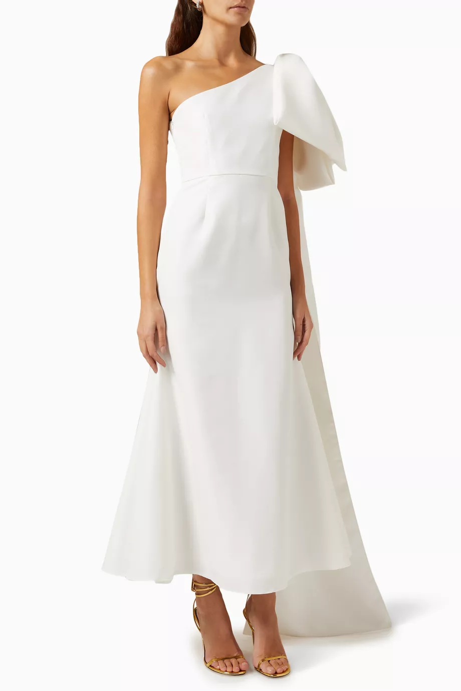 Buy Serrb White Oversized Bow One shoulder Maxi Dress in Satin for