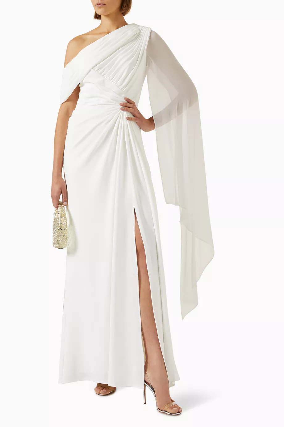 Buy Tadashi Shoji Neutral Quill Draped Cape Sleeve Gown in Crepe