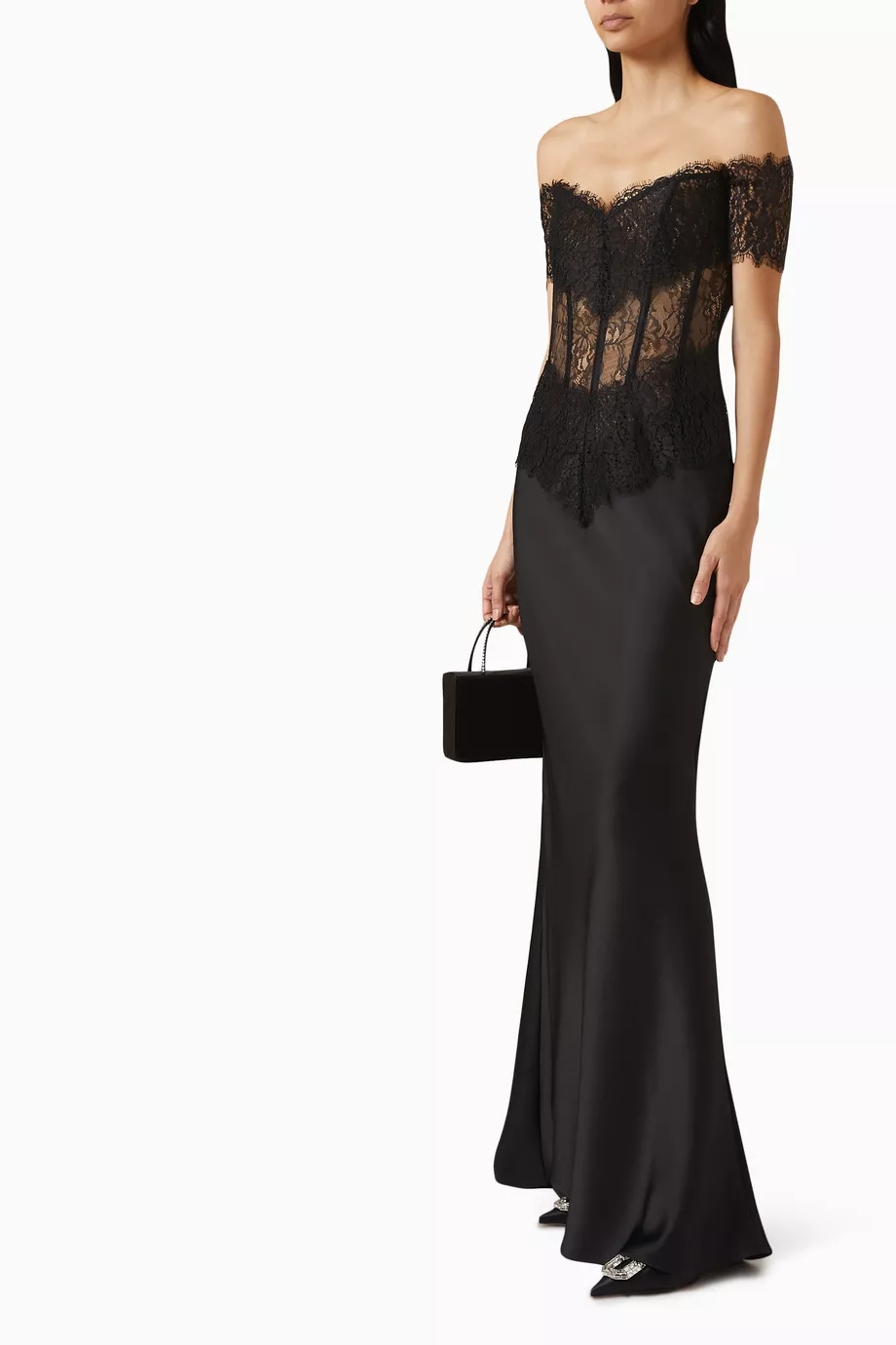 Lace and satin corset gown dress with a train black 6G010 – RASARIO