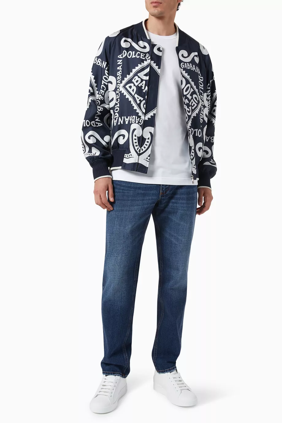 Buy Dolce Gabbana Blue Marina Print Bomber Jacket in Silk for Men in UAE Ounass