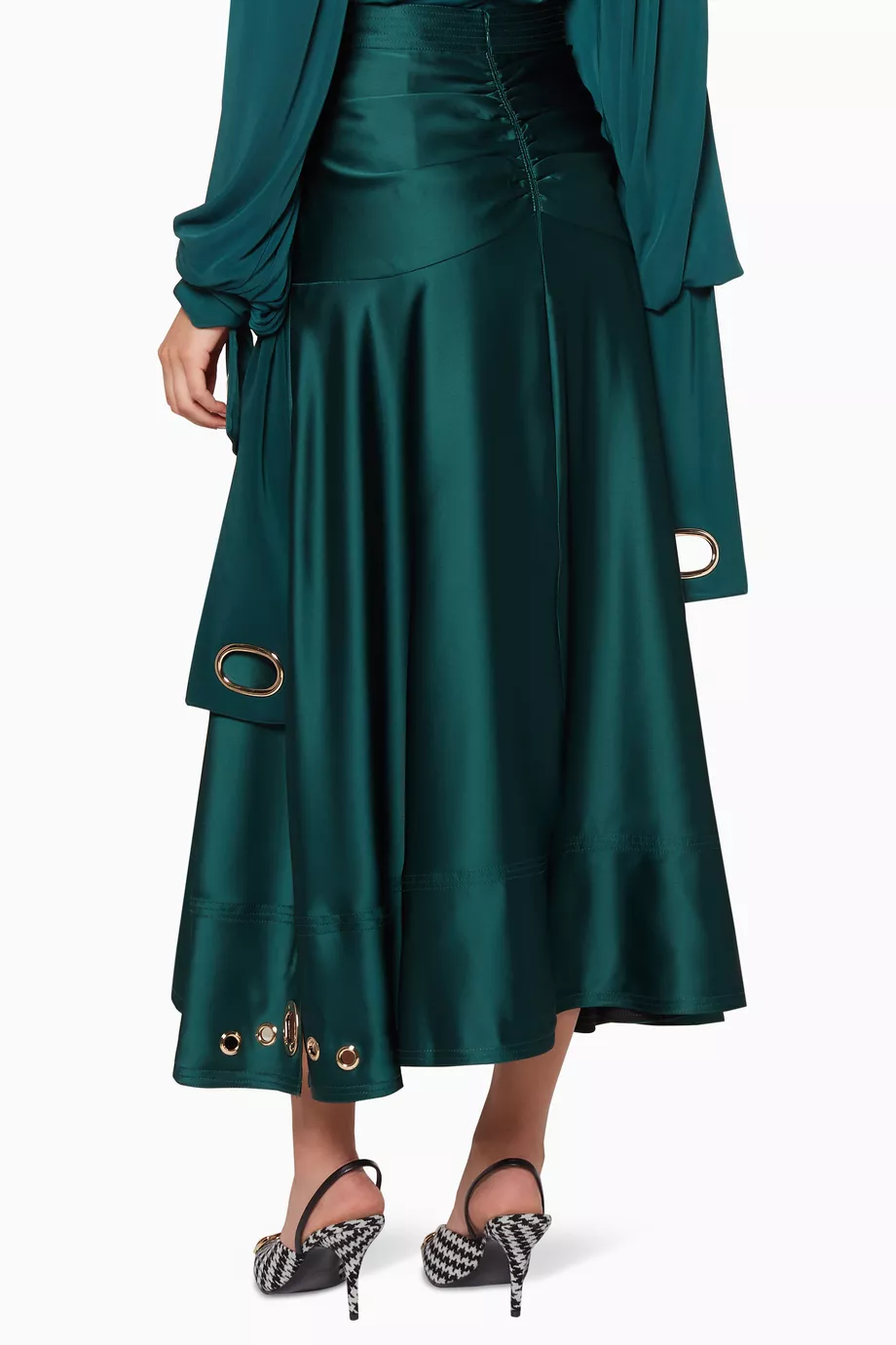Buy Self Portrait Green Emerald Green Satin Eyelet Midi Skirt For Women Online Ounass UAE