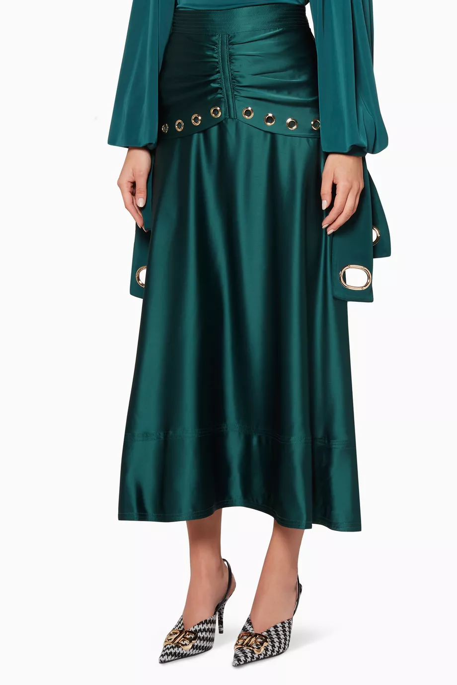 Buy Self Portrait Green Emerald Green Satin Eyelet Midi Skirt For Women Online Ounass UAE