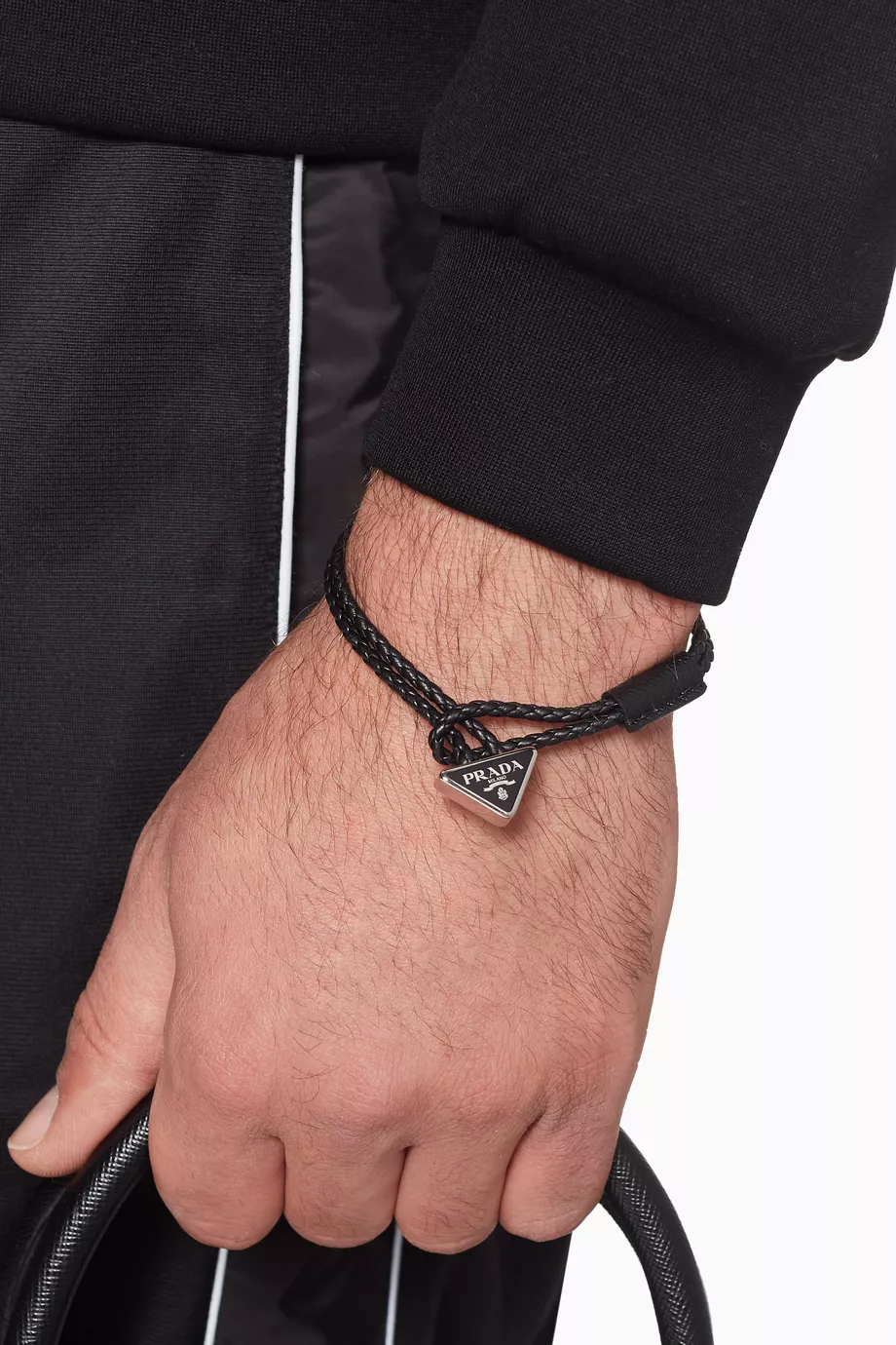 Buy Prada Black Leather Rope Triangle Logo Bracelet For Men Online Ounass UAE