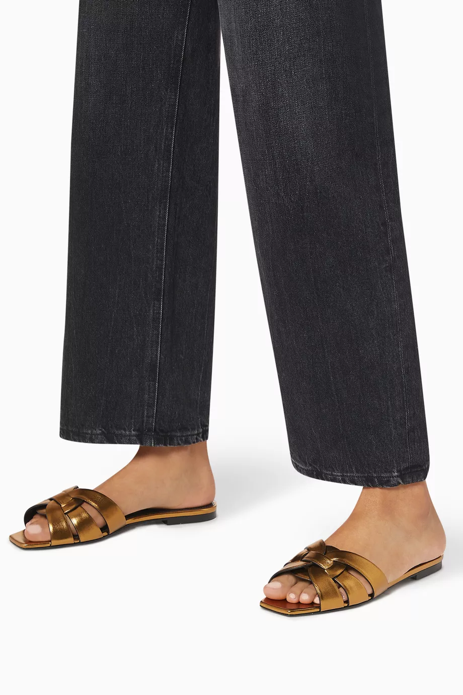 Buy SAINT LAURENT Black Tribute Flat Sandals in Metallic Leather